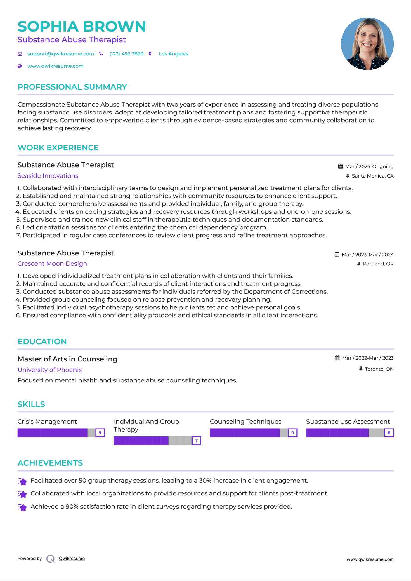 Substance Abuse Therapist Resume Sample