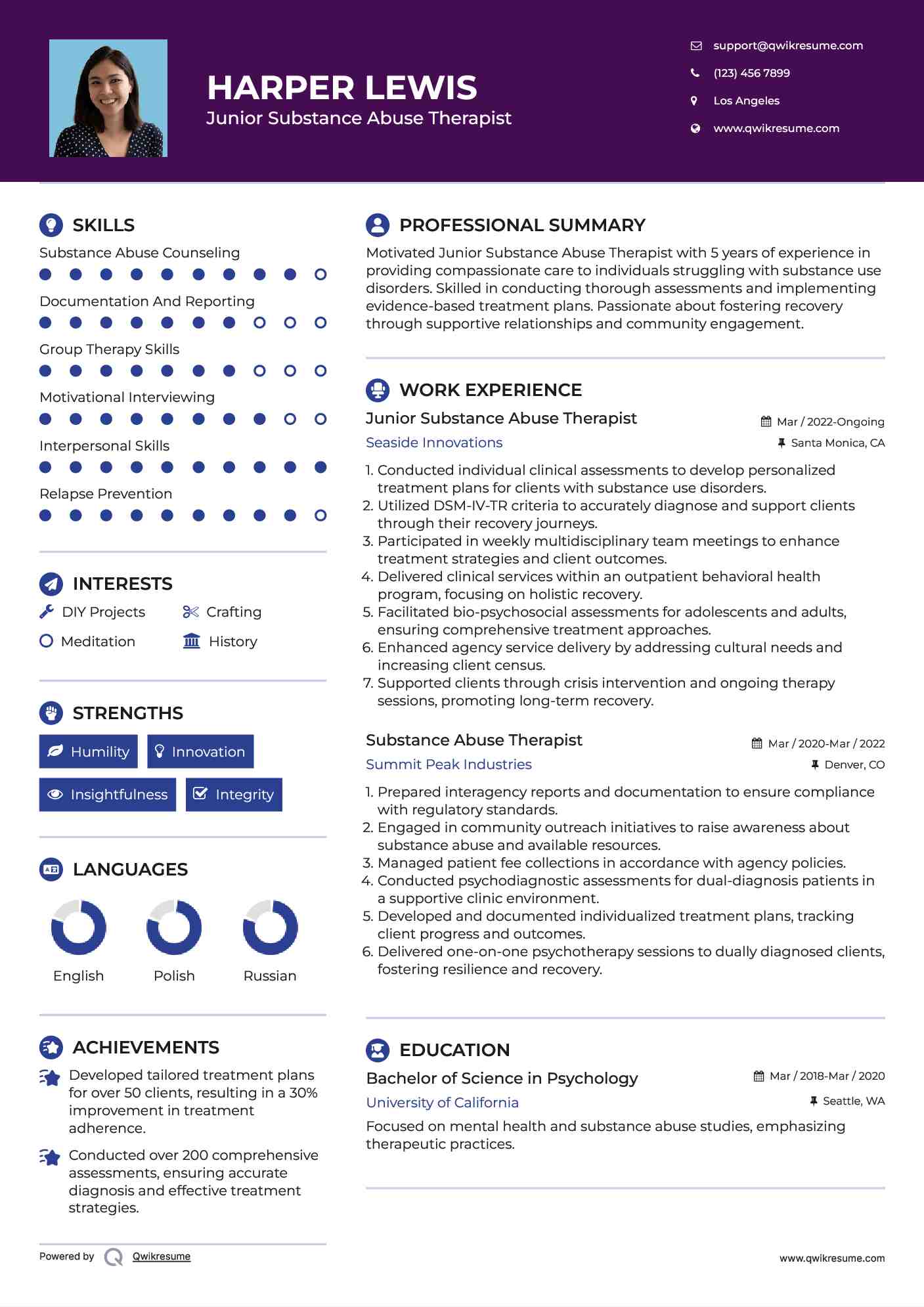 Junior Substance Abuse Therapist Resume Model