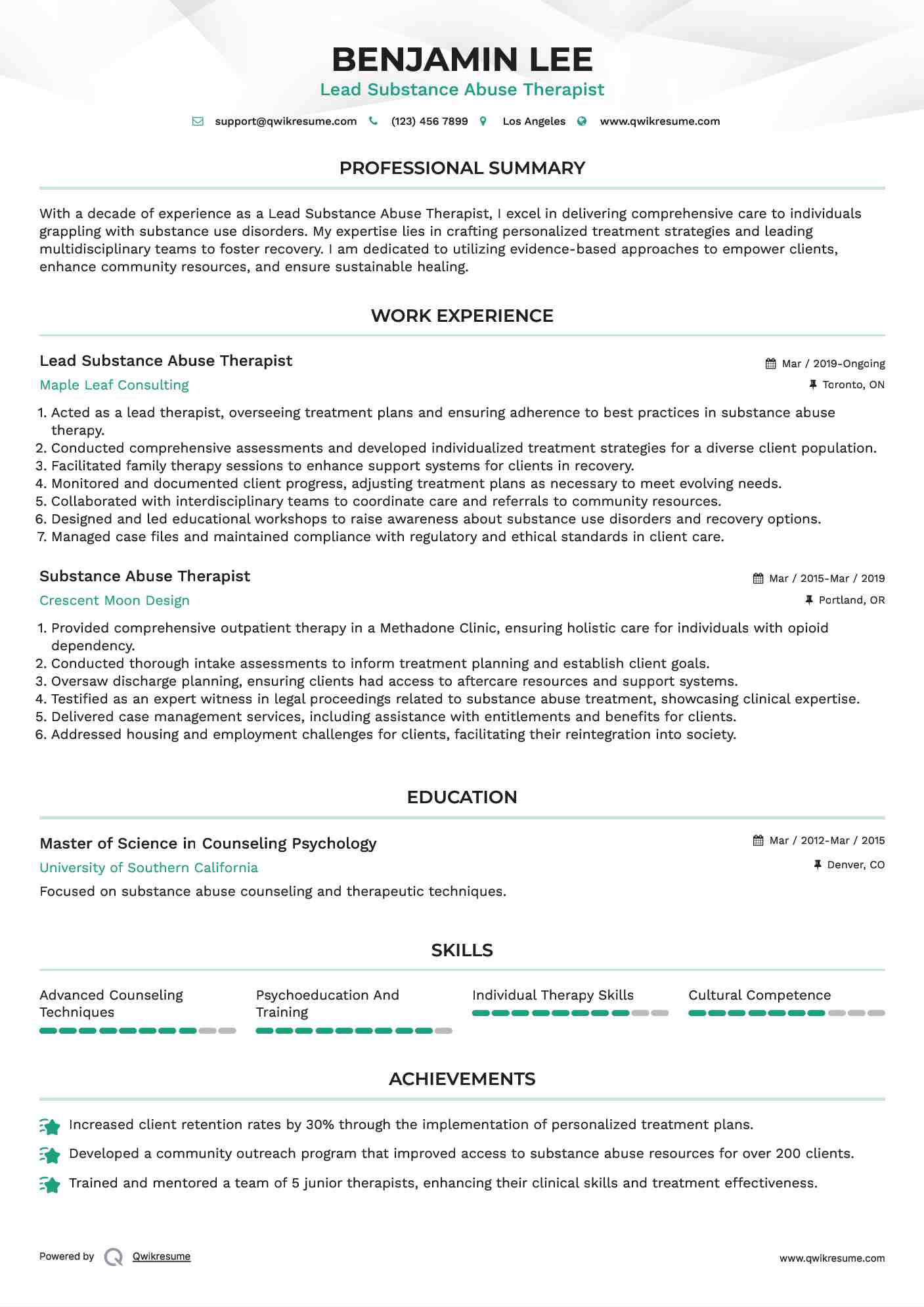 Lead Substance Abuse Therapist Resume Model