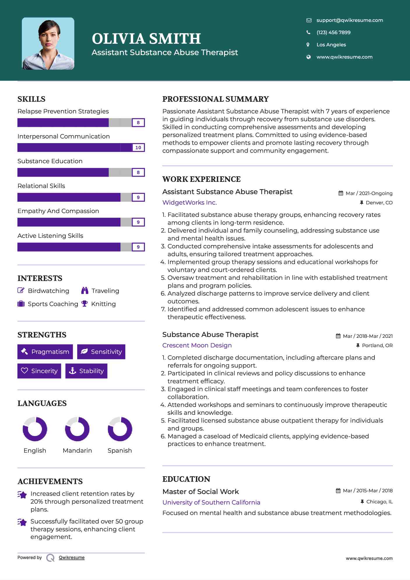 Assistant Substance Abuse Therapist Resume Example