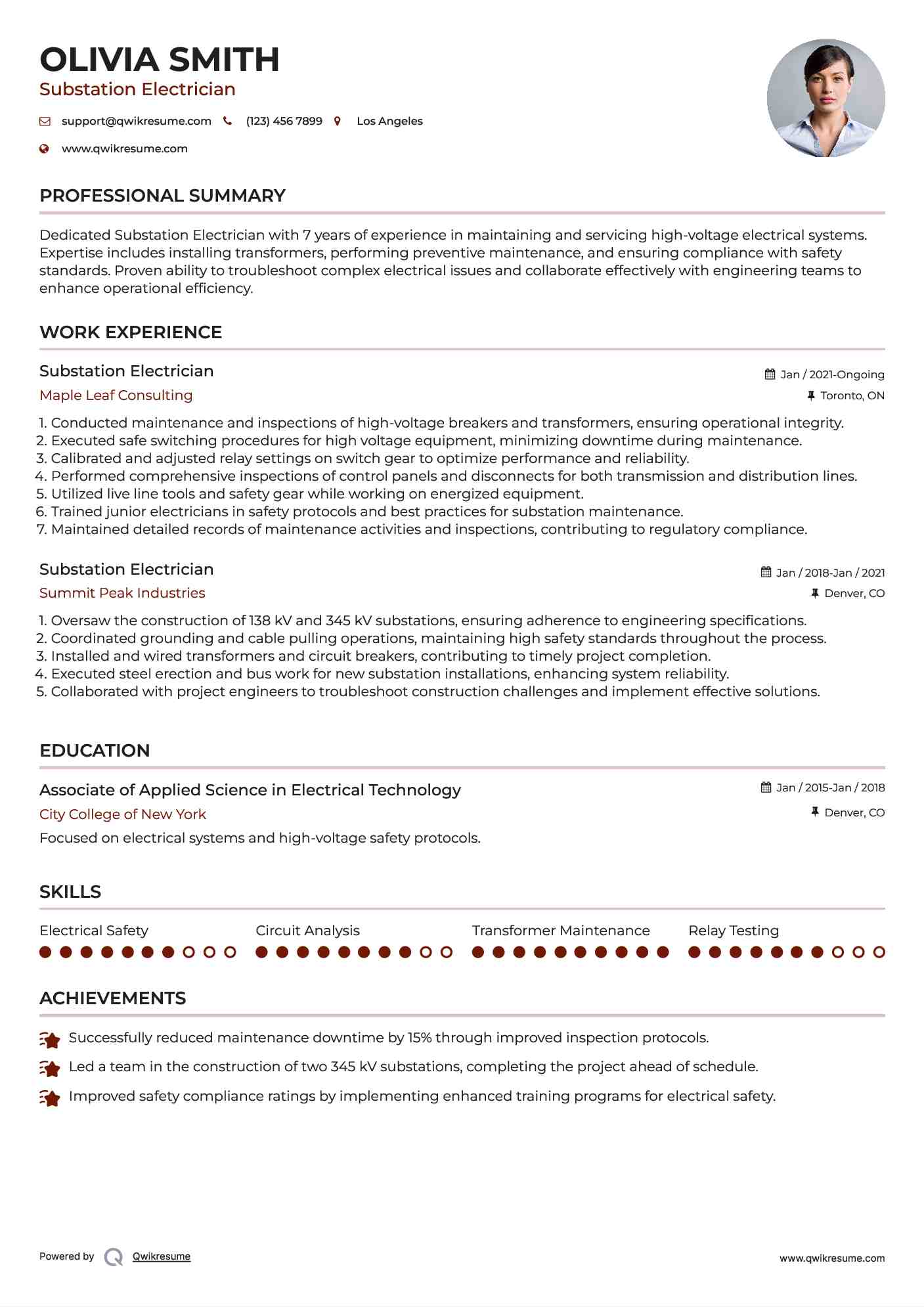 Substation Electrician Resume Format