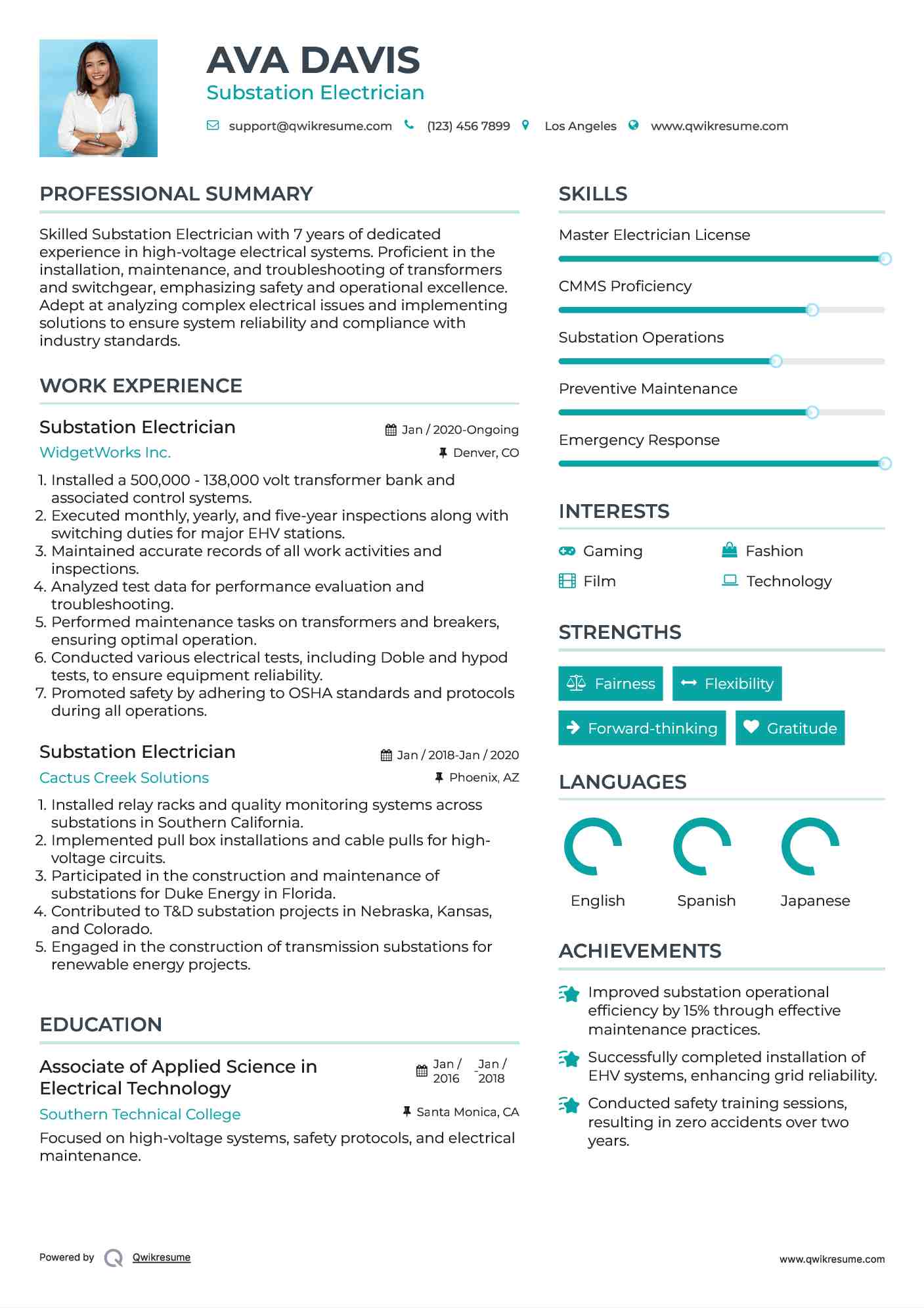 Substation Electrician Resume Sample