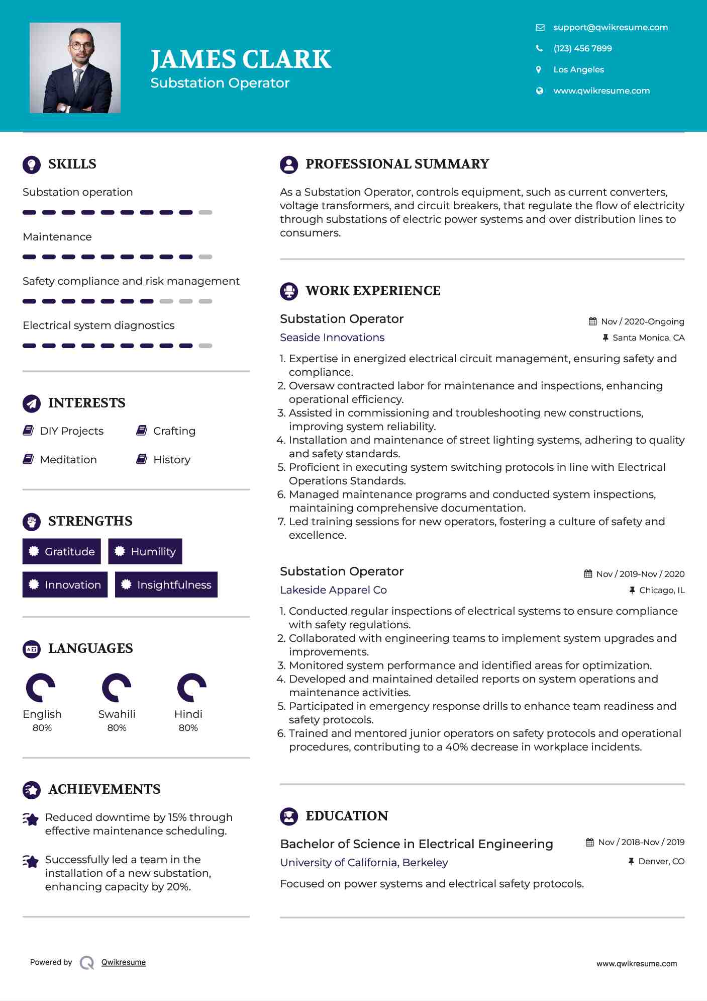 Substation Operator Resume Sample