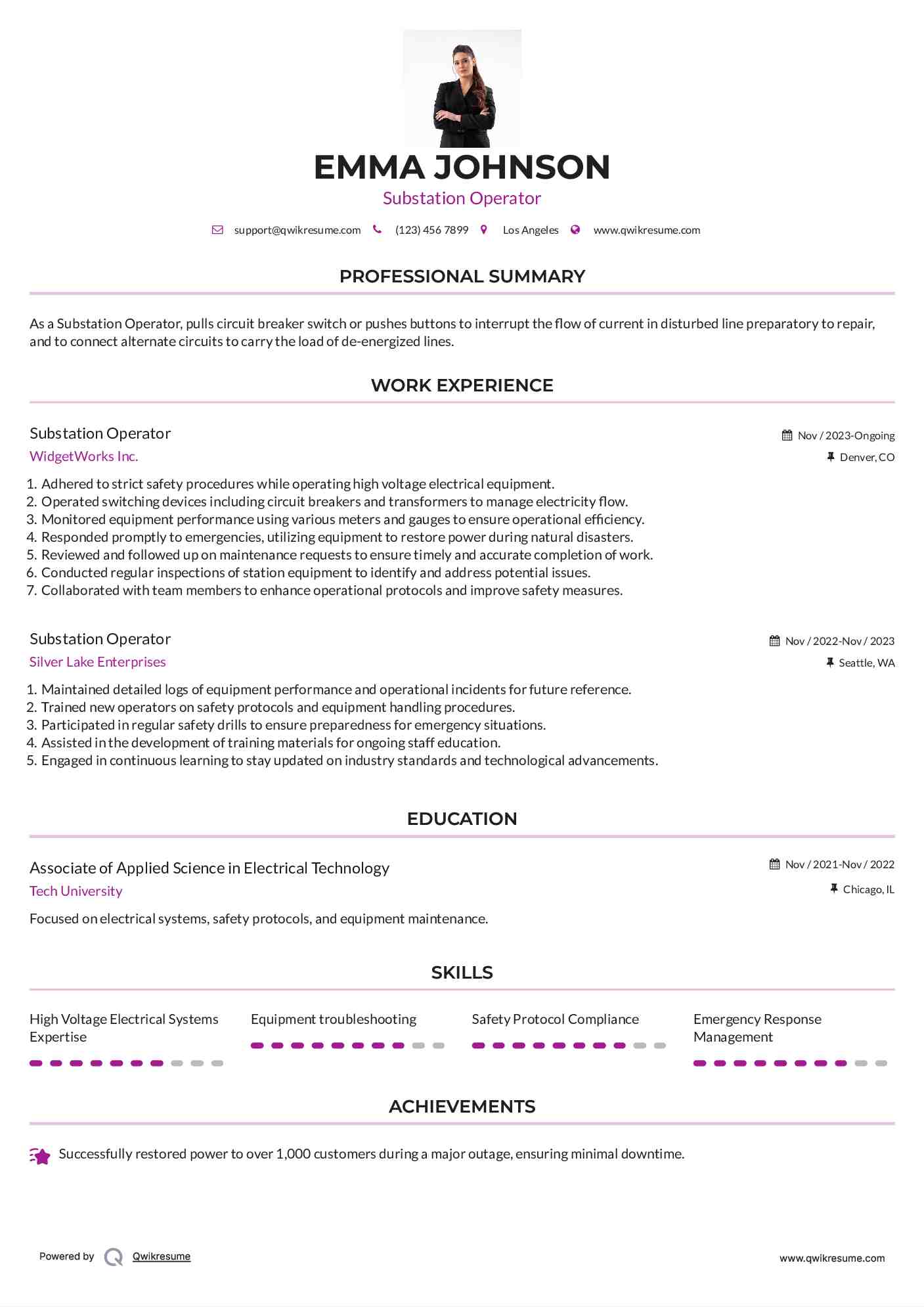Substation Operator Resume Format