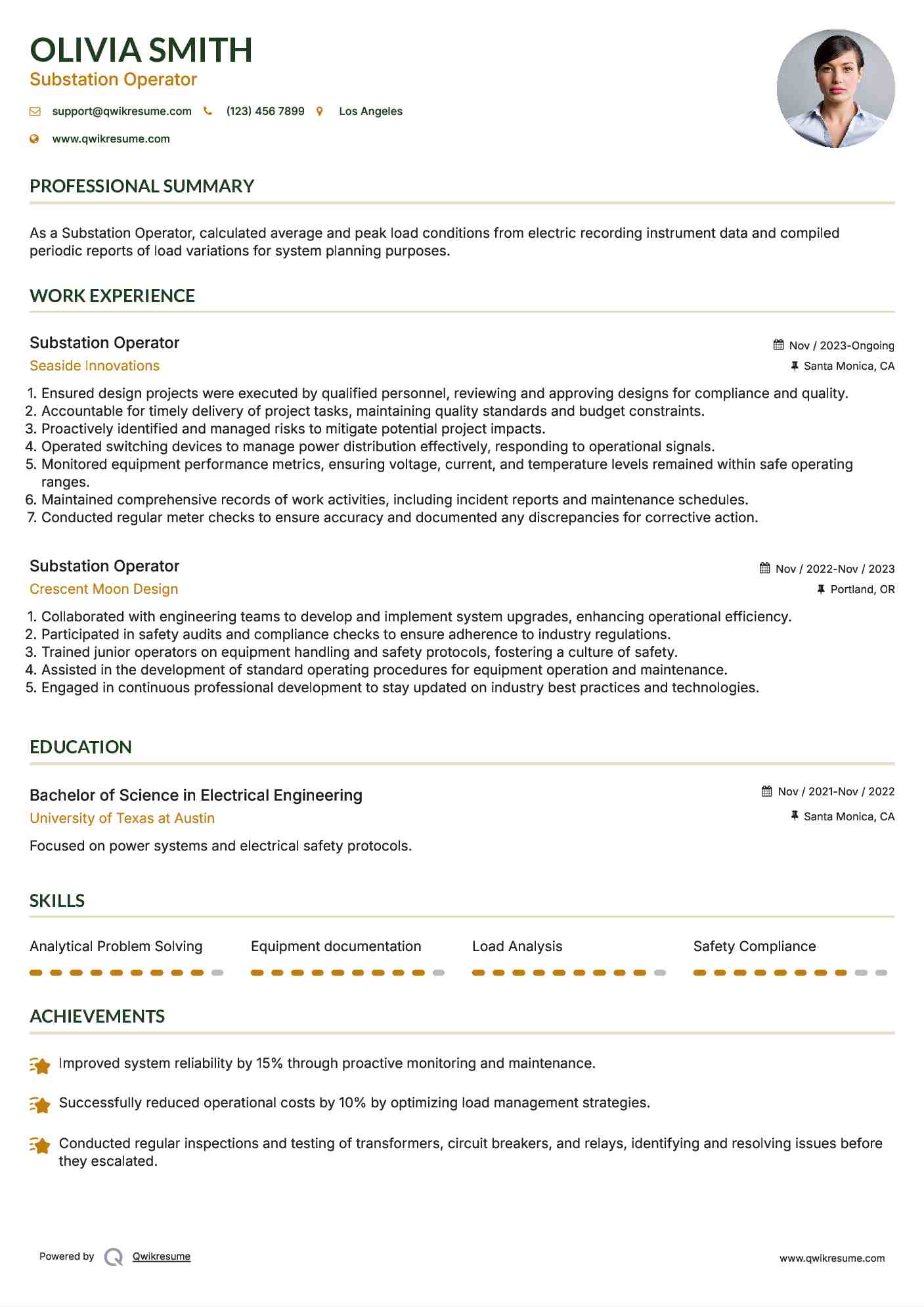 Substation Operator Resume Template