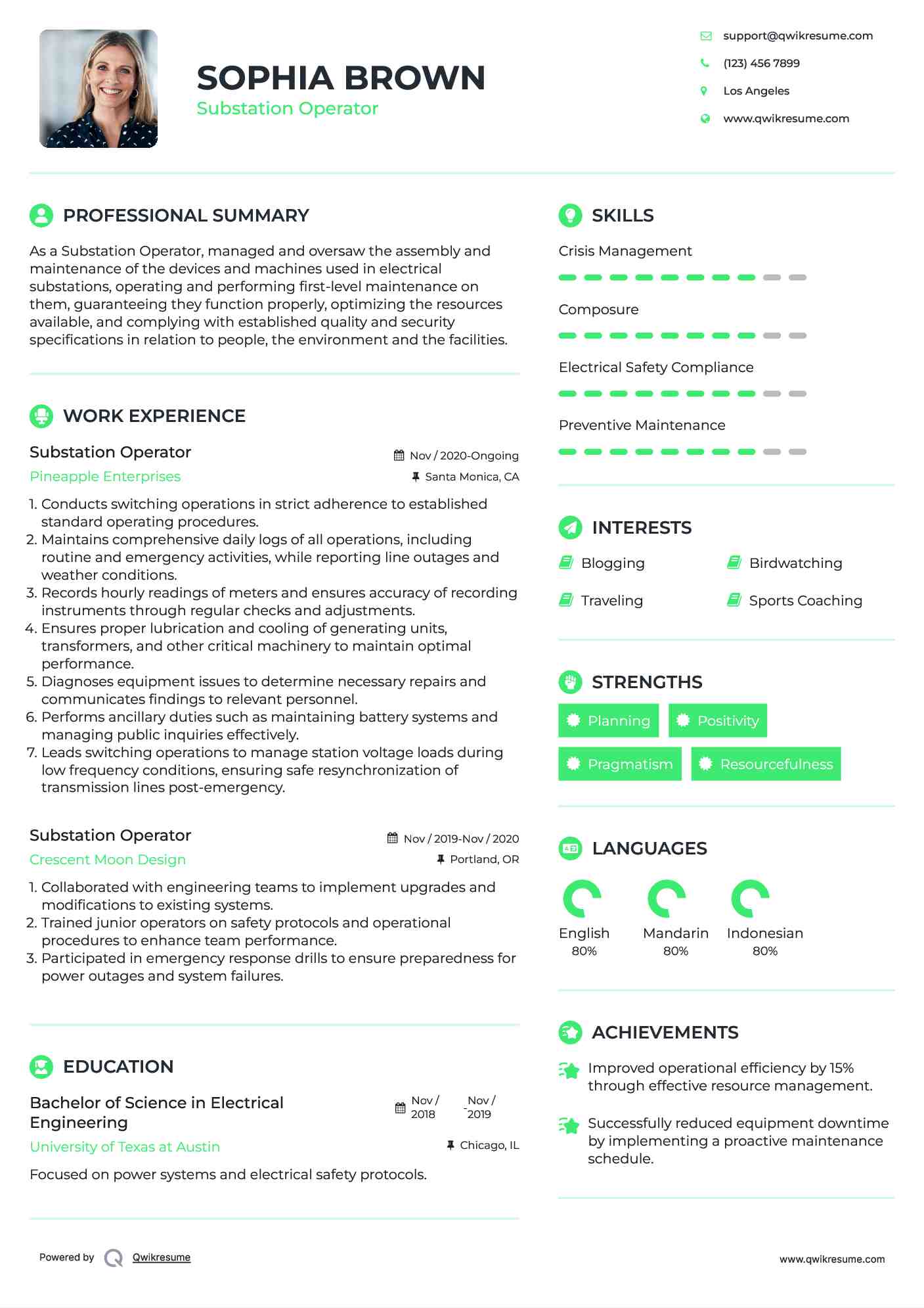 Substation Operator Resume Format