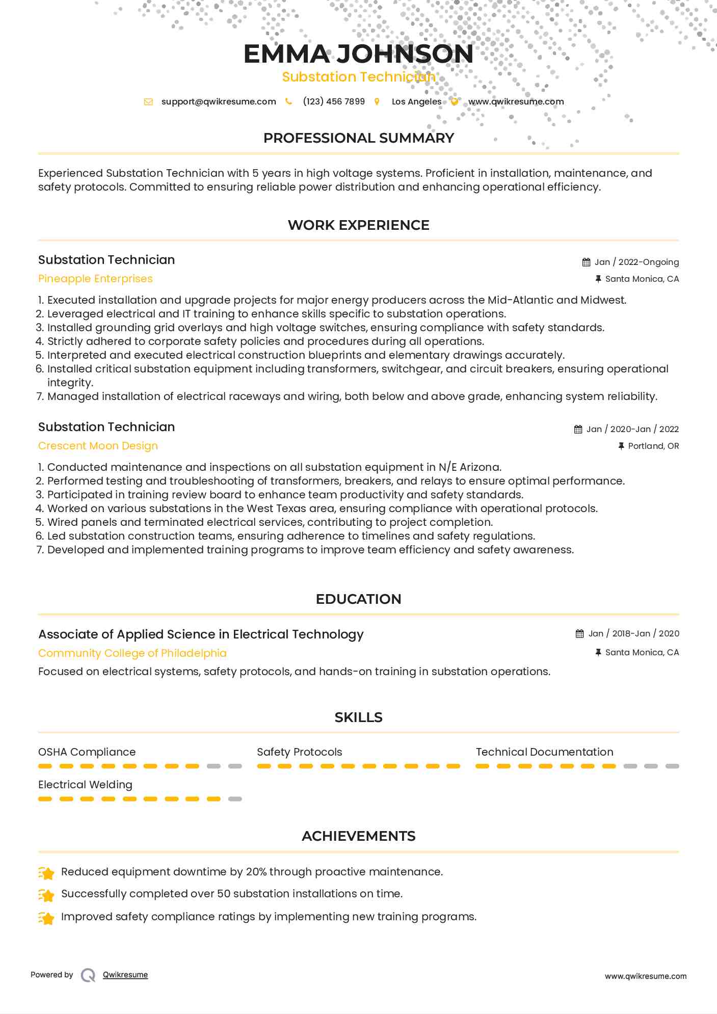Substation Technician Resume Model