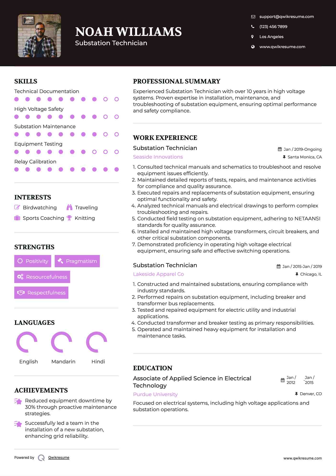 Substation Technician Resume Sample