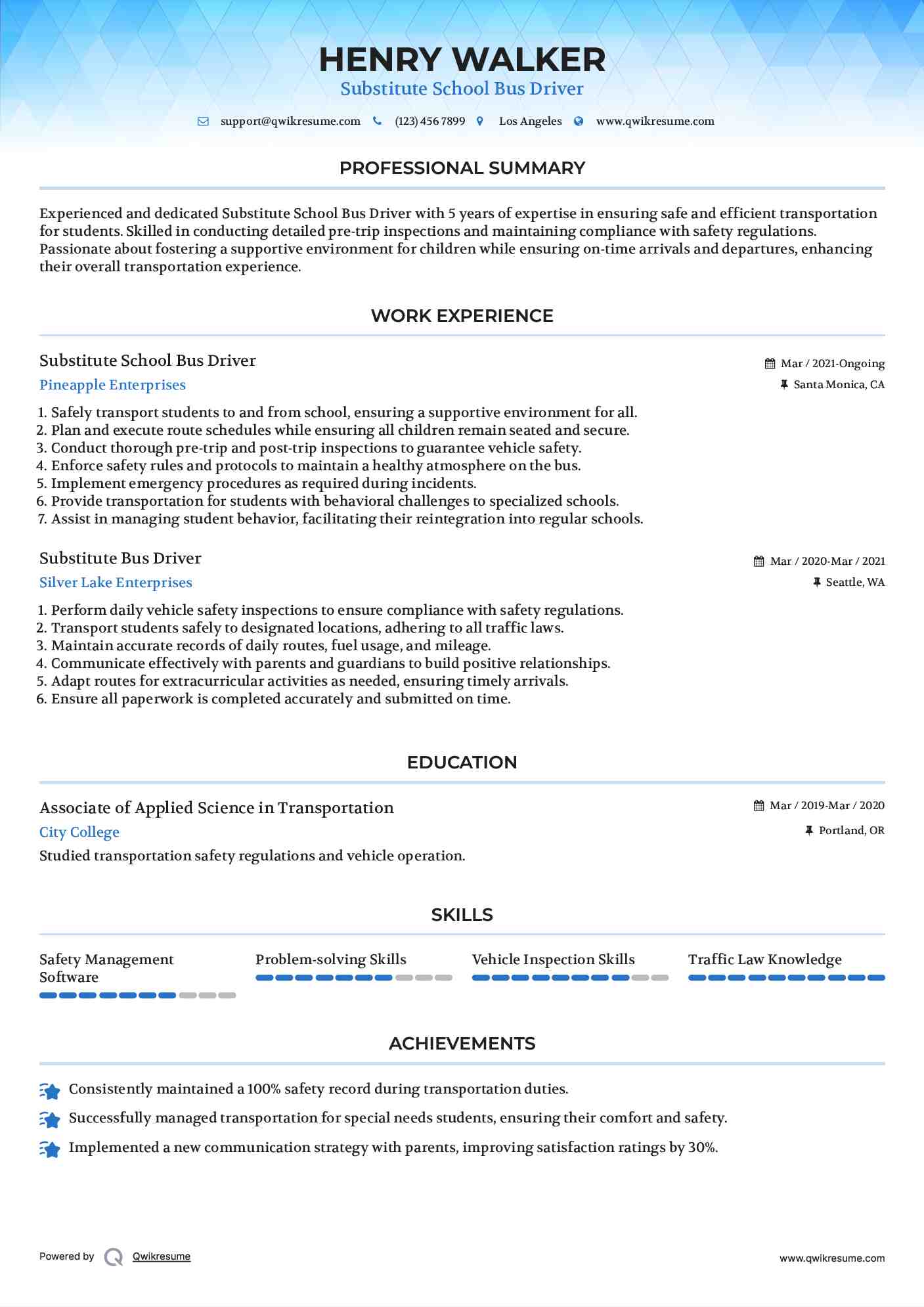 Substitute School Bus Driver
 Resume Example