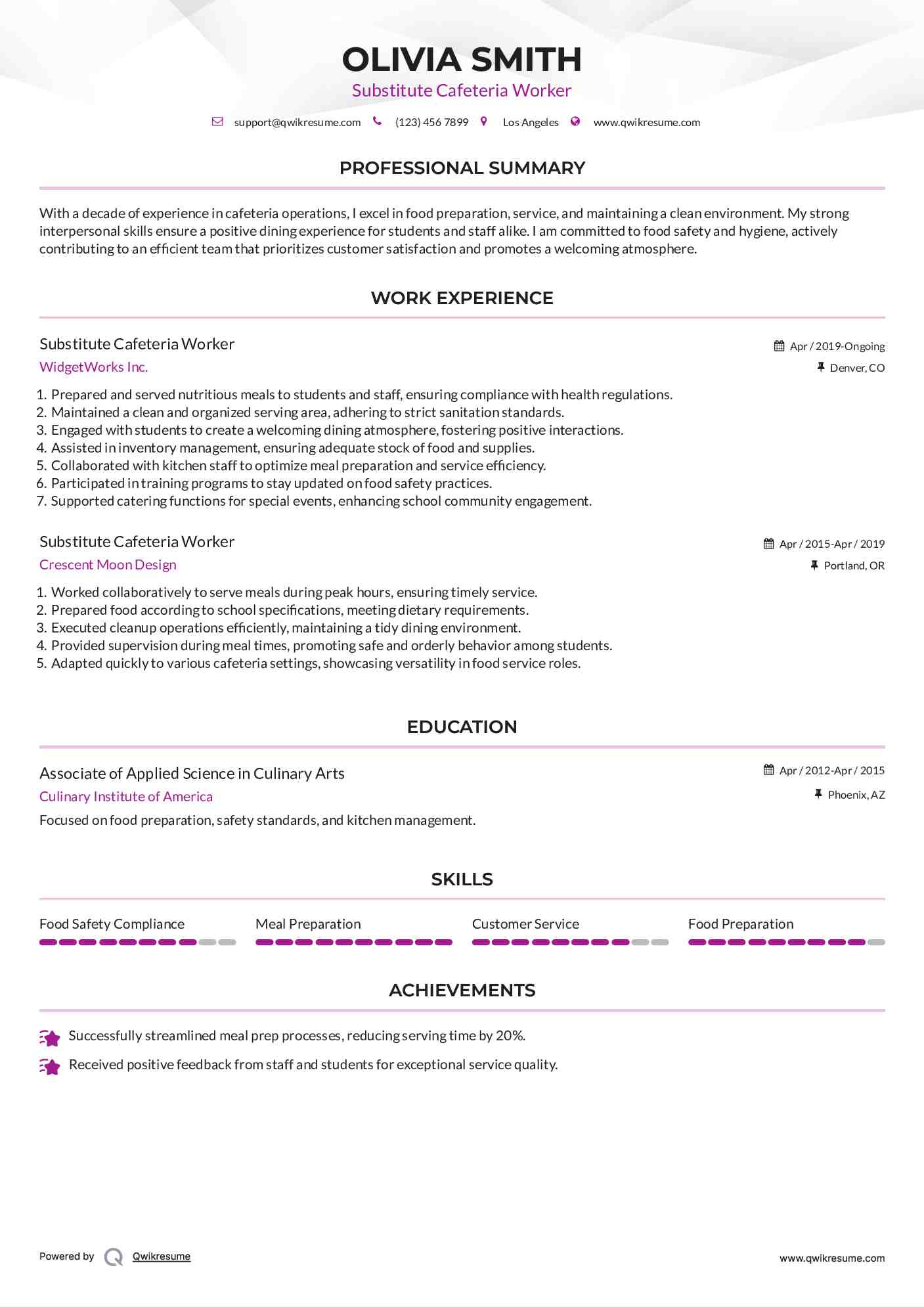 Substitute Cafeteria Worker Resume Template