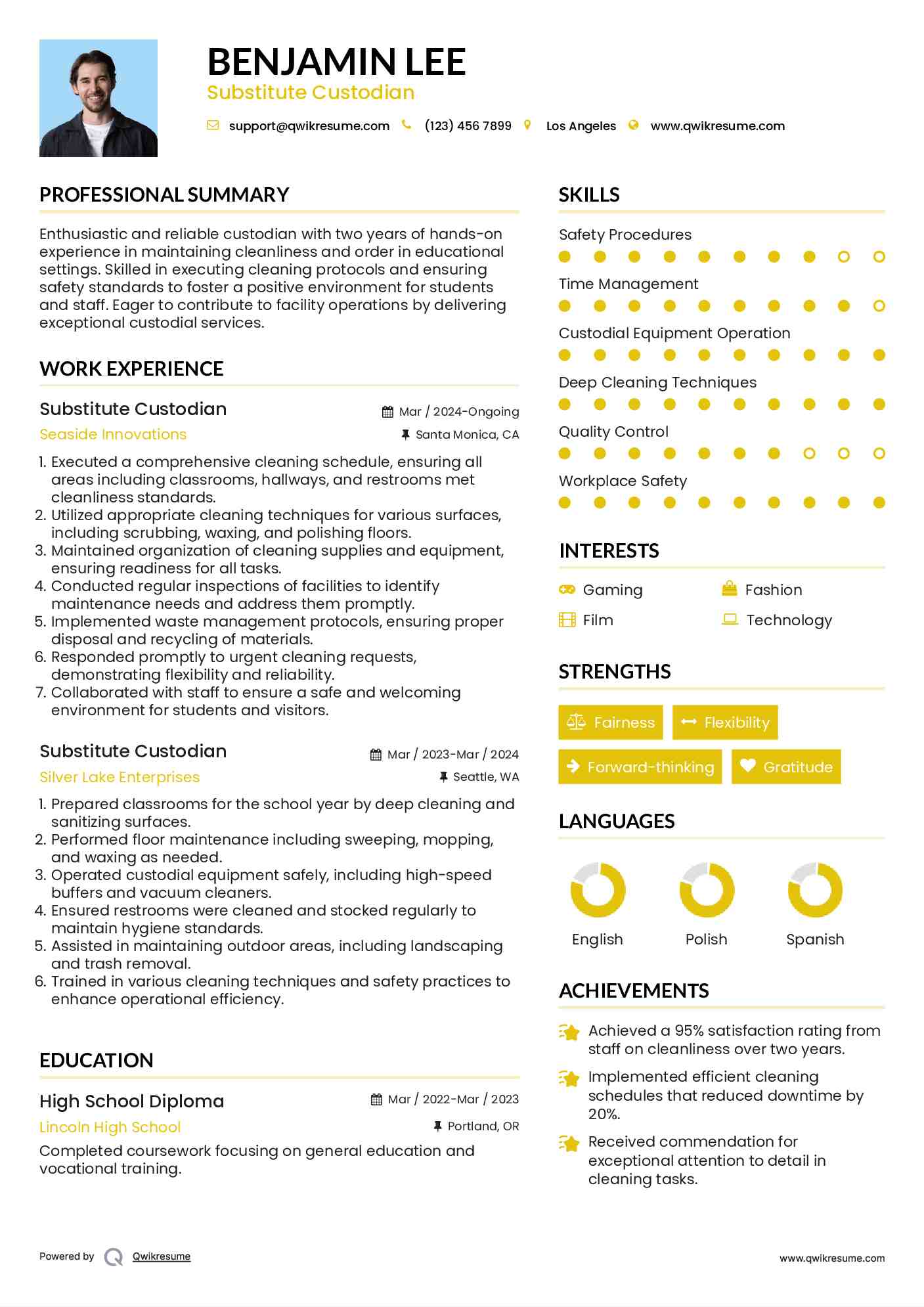 Substitute Custodian Resume Sample