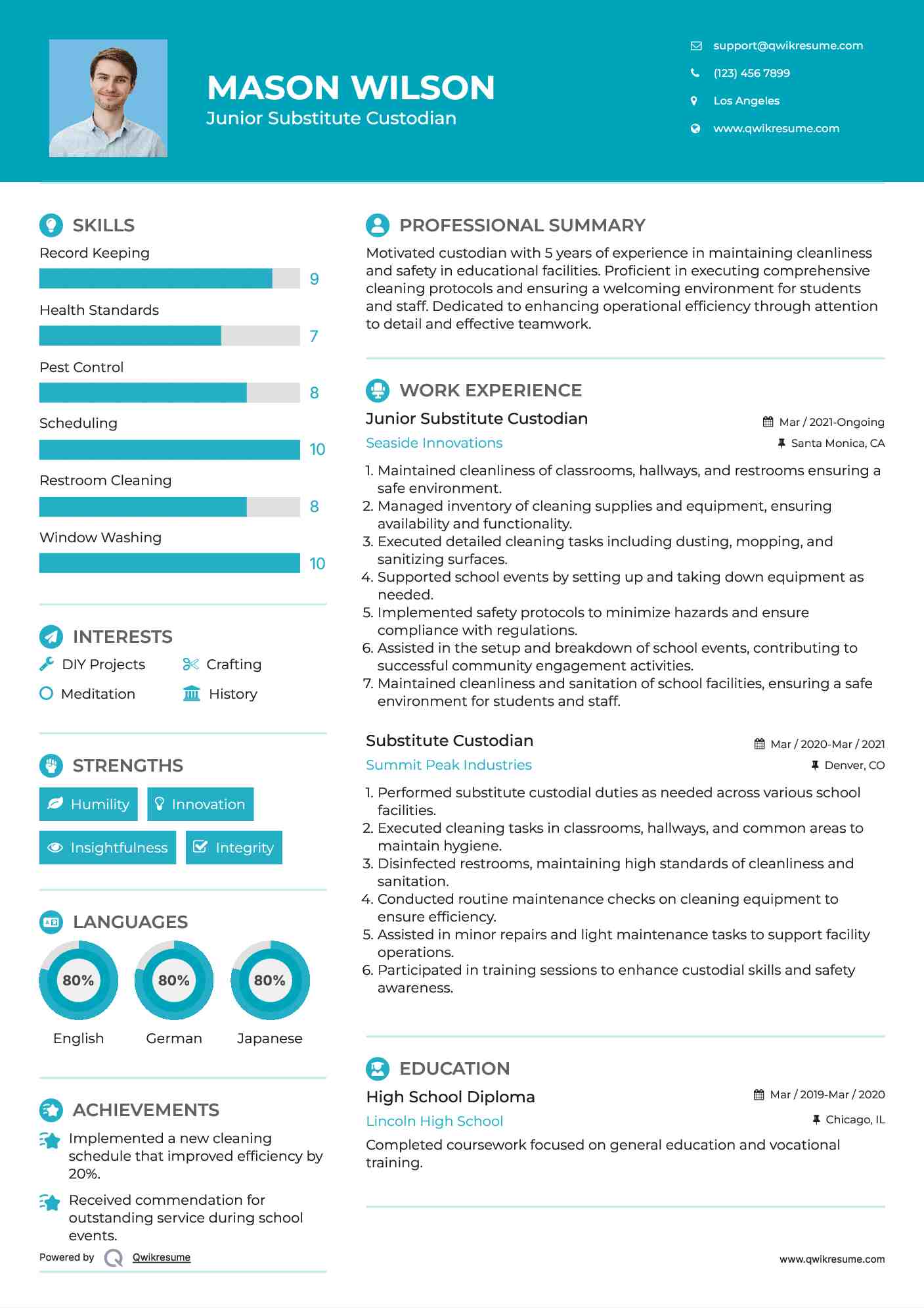 Junior Substitute Custodian Resume Example
