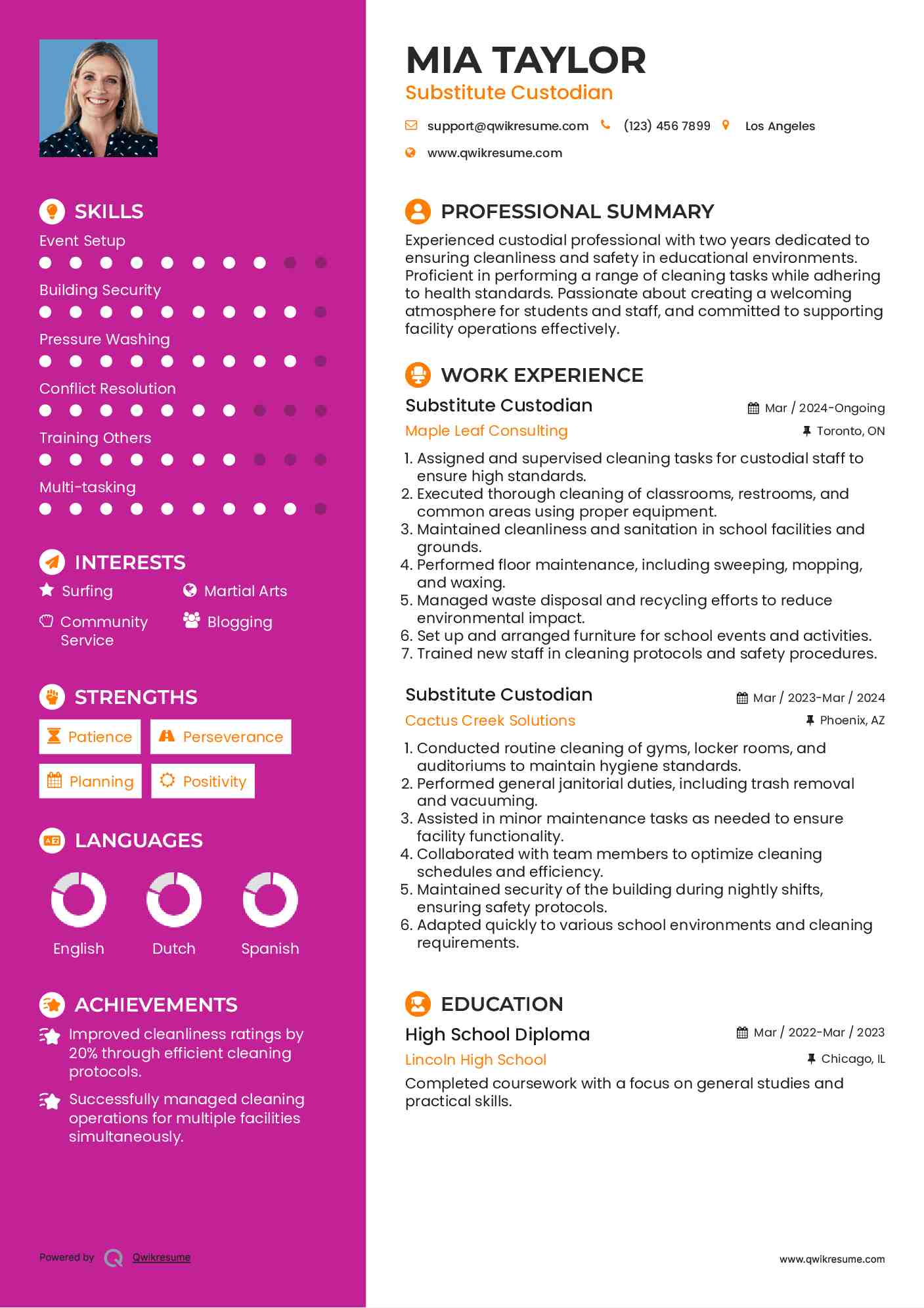 Substitute Custodian Resume Example