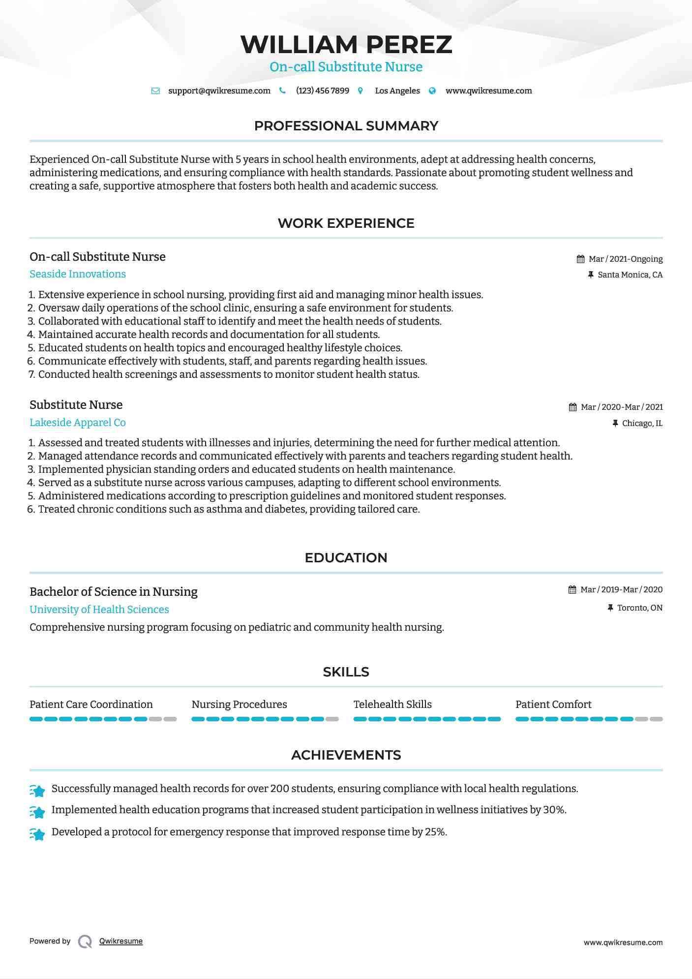 On-call Substitute Nurse Resume Format