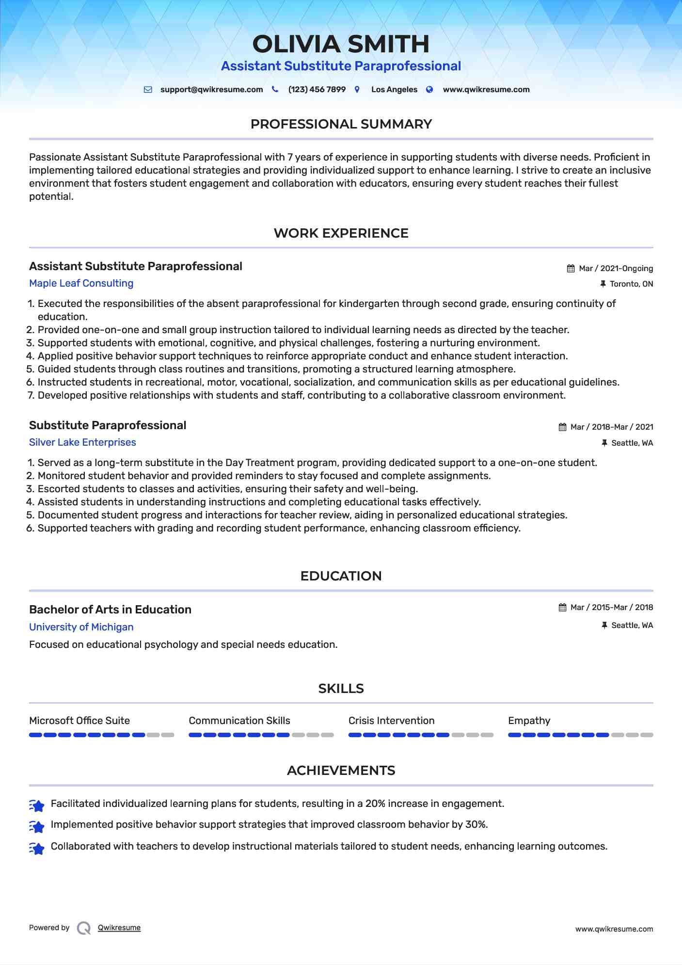 Assistant Substitute Paraprofessional Resume Model