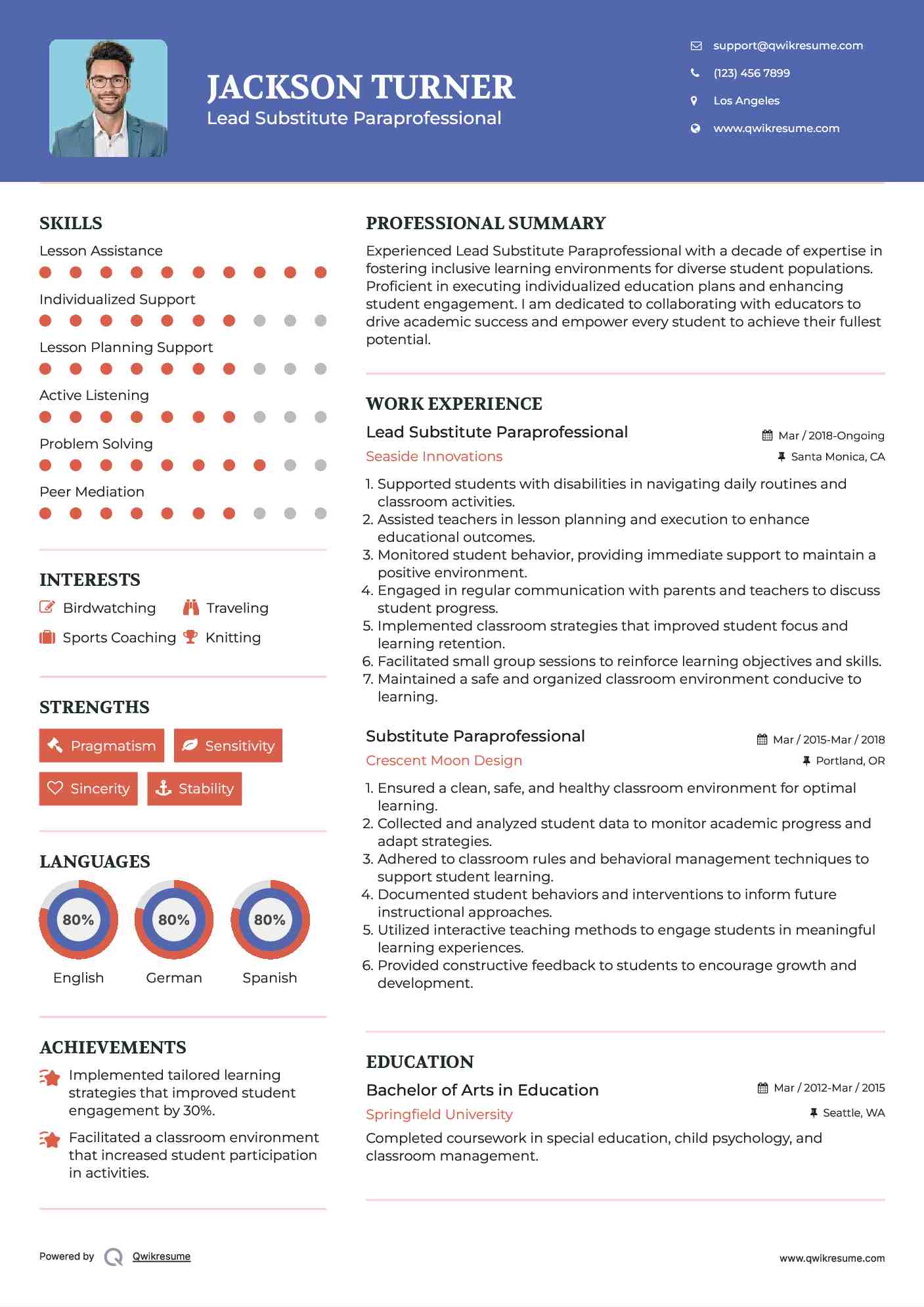 Lead Substitute Paraprofessional Resume Example