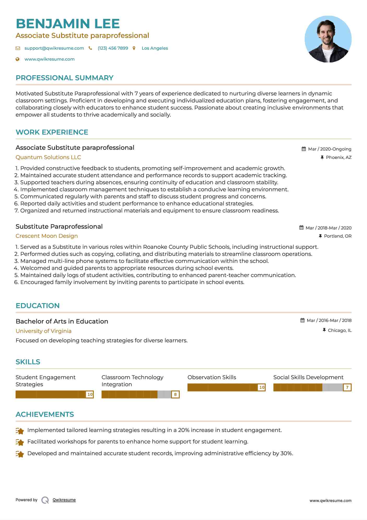 Associate Substitute paraprofessional Resume Model