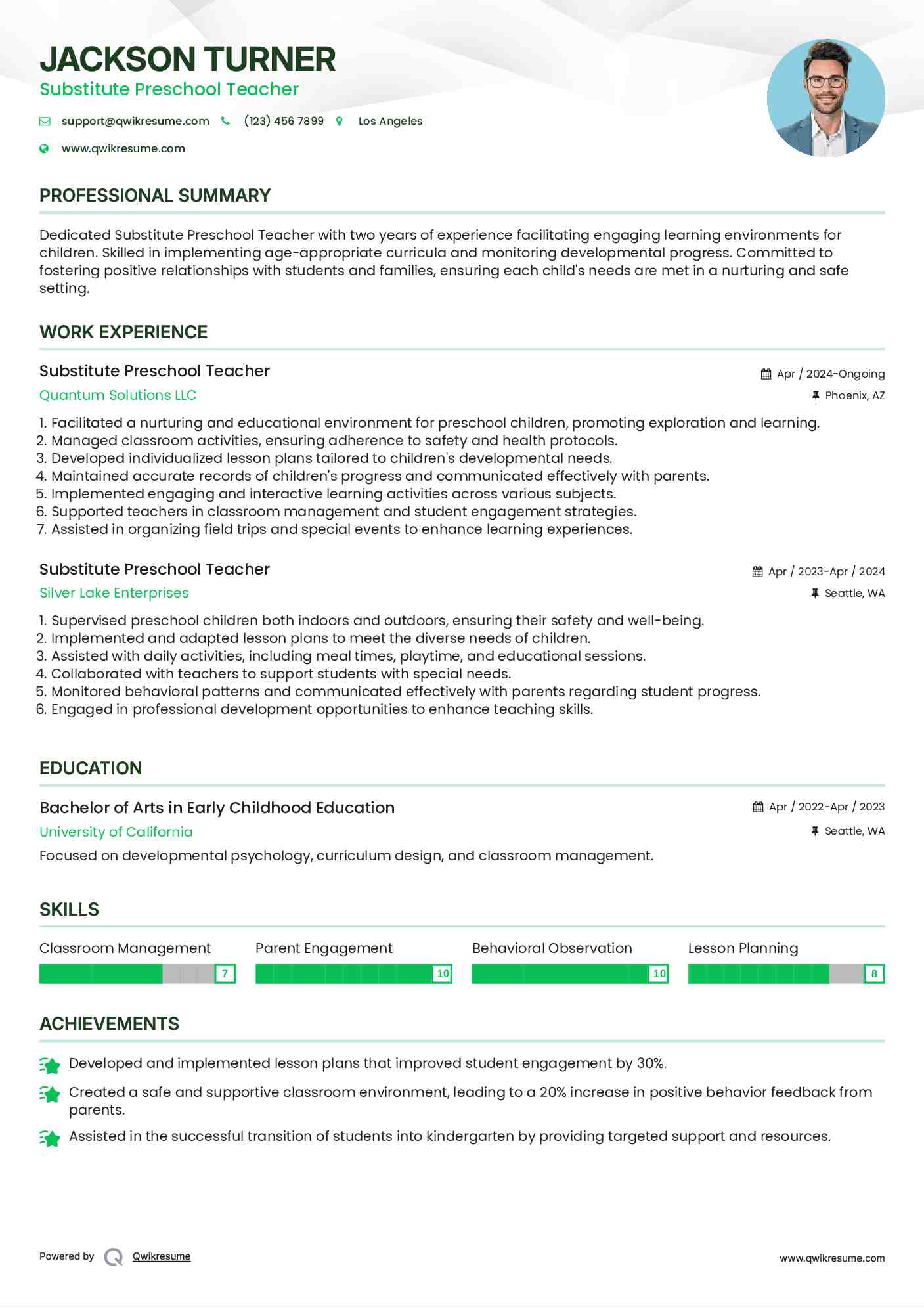 Substitute Preschool Teacher Resume Format