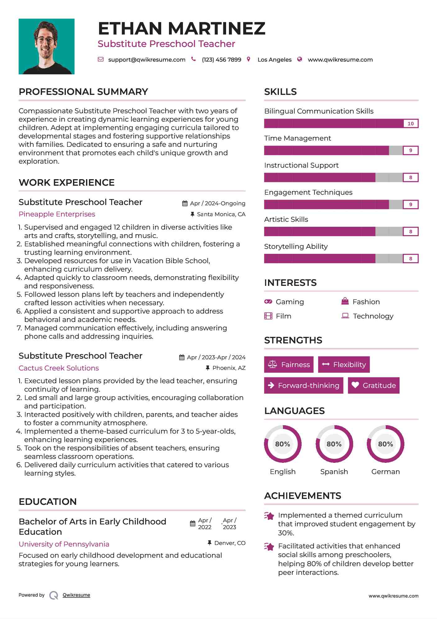 Substitute Preschool Teacher Resume Sample