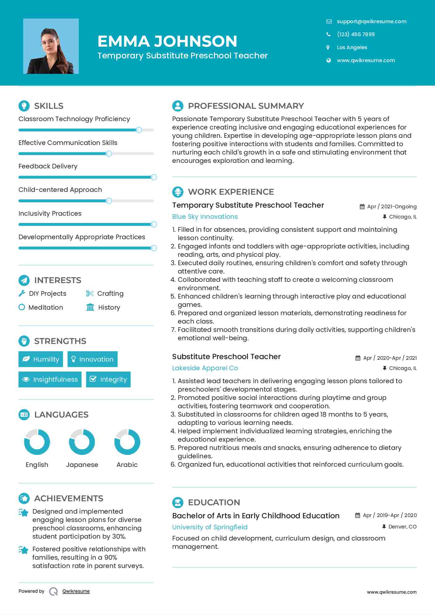 Temporary Substitute Preschool Teacher Resume Sample