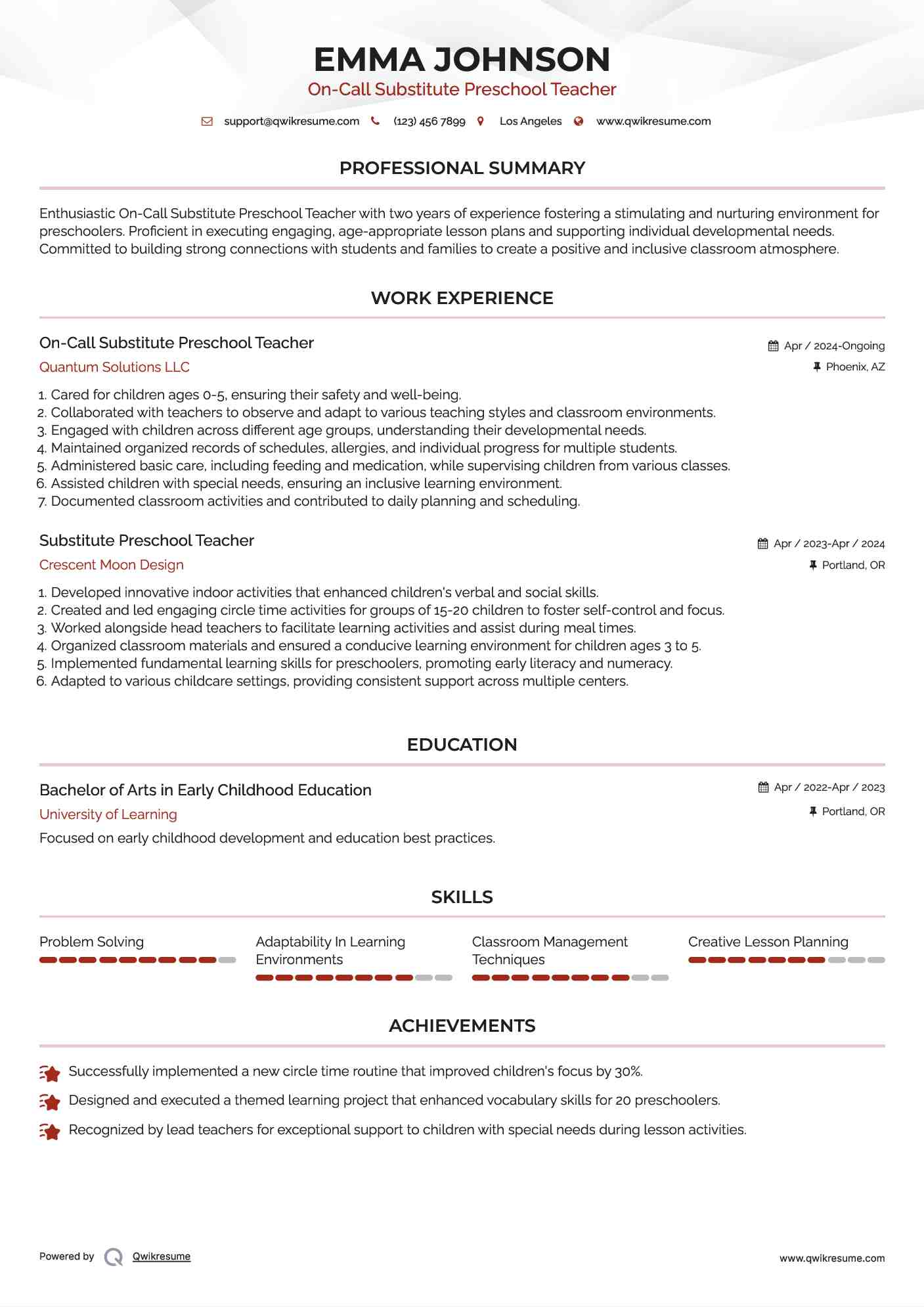 On-Call Substitute Preschool Teacher Resume Format