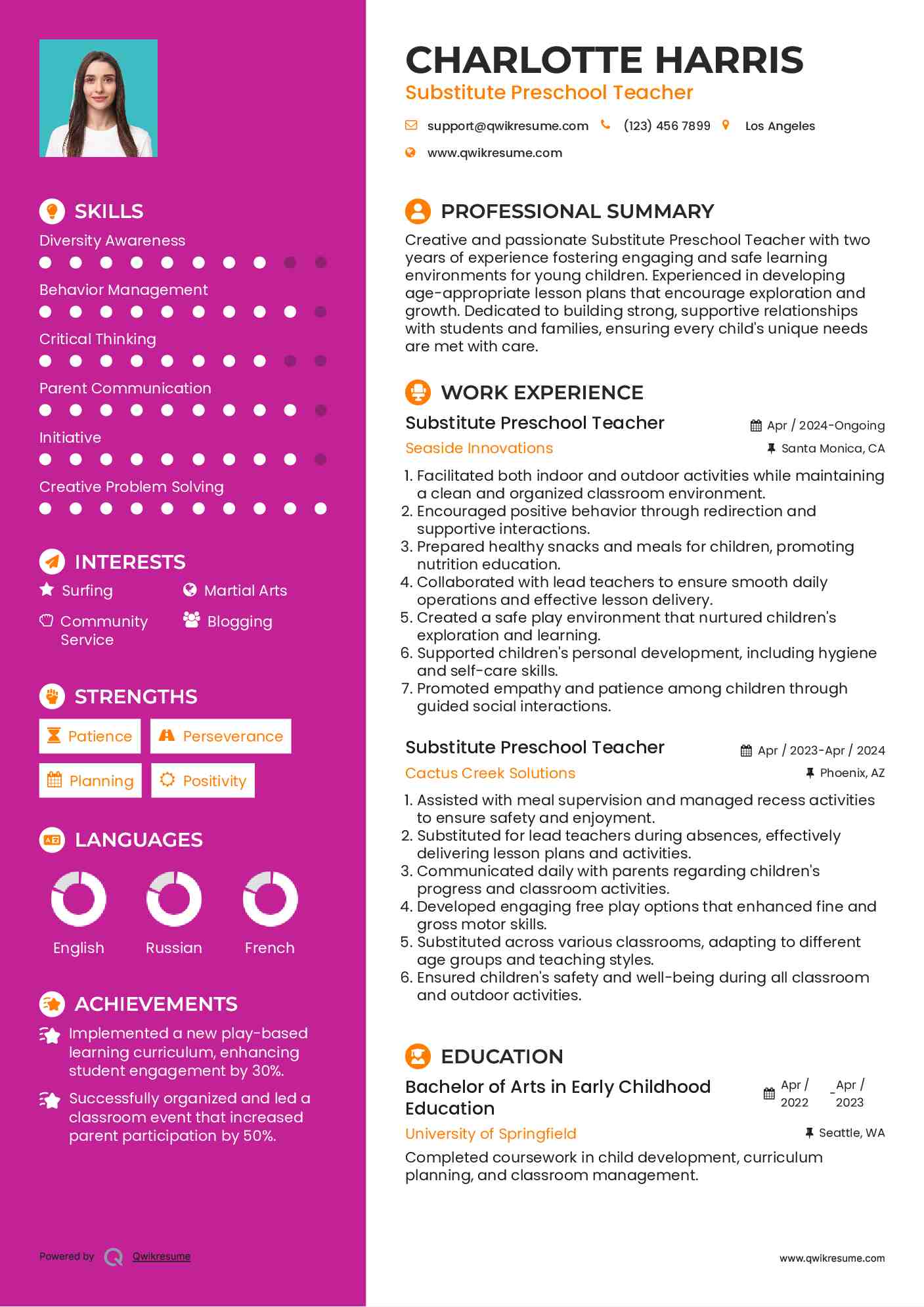 Substitute Preschool Teacher Resume Format