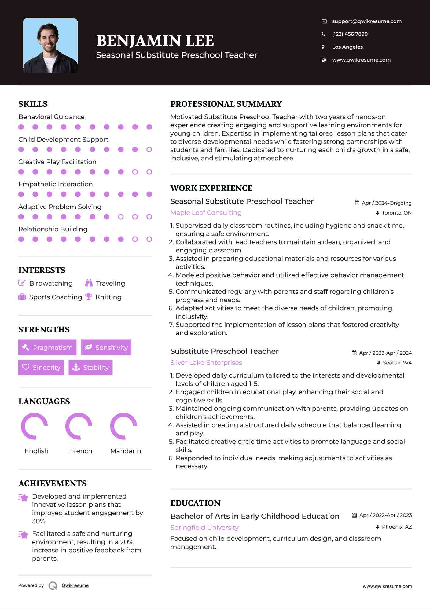 Seasonal Substitute Preschool Teacher Resume Format