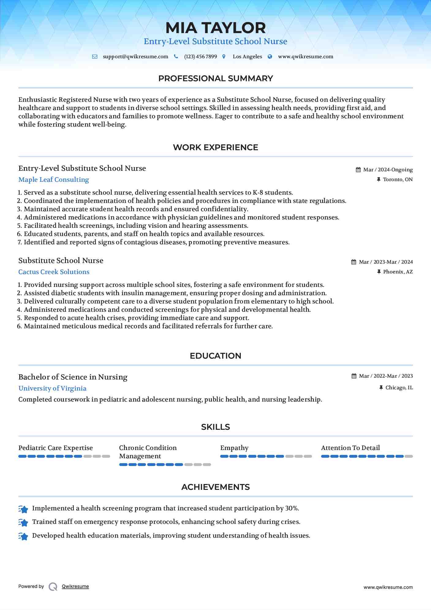 Entry-Level Substitute School Nurse Resume Model