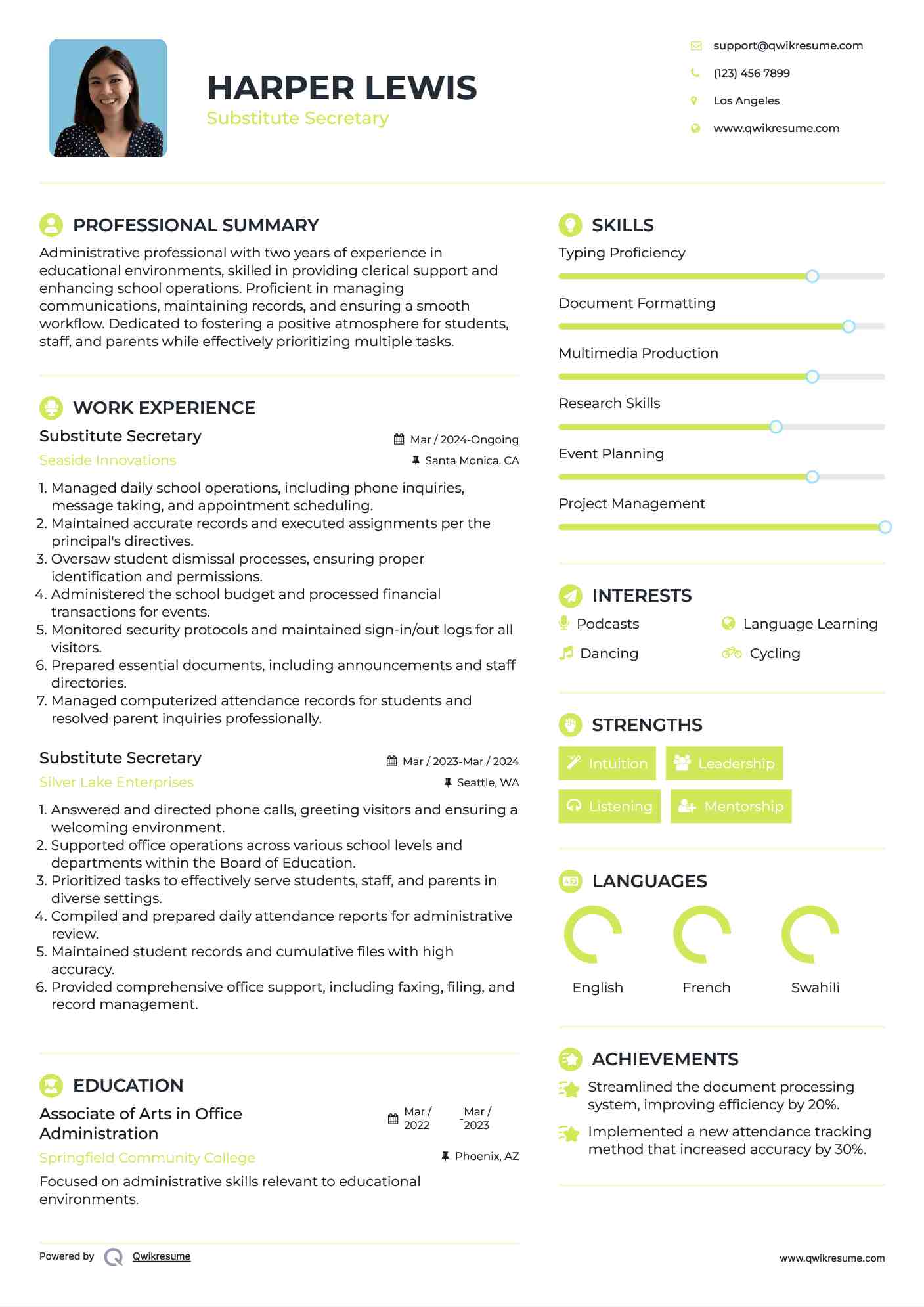 Substitute Secretary Resume Sample