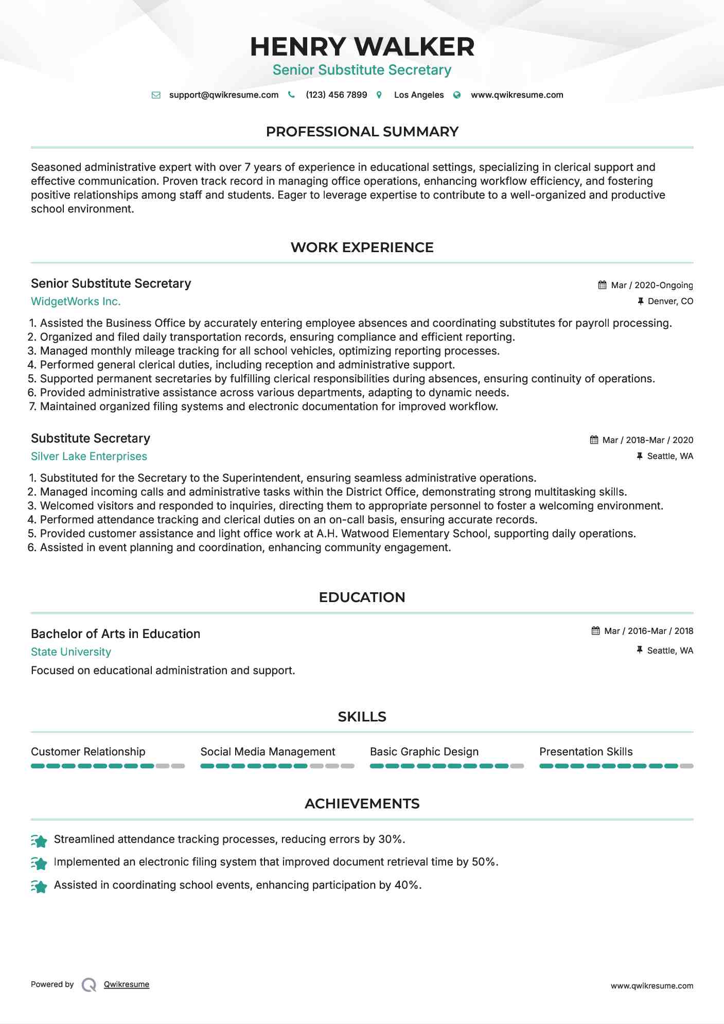 Senior Substitute Secretary  Resume Model