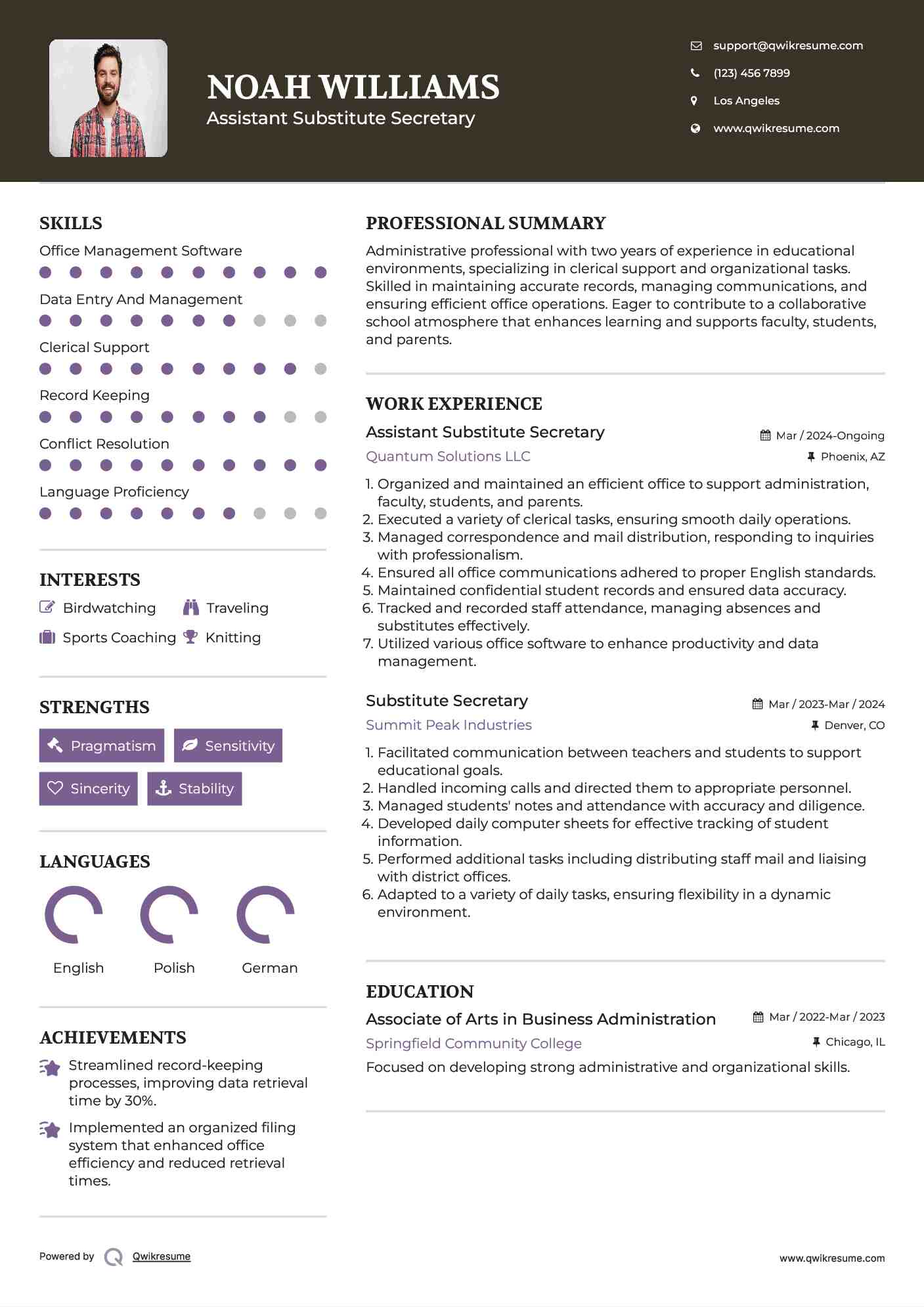 Assistant Substitute Secretary  Resume Template