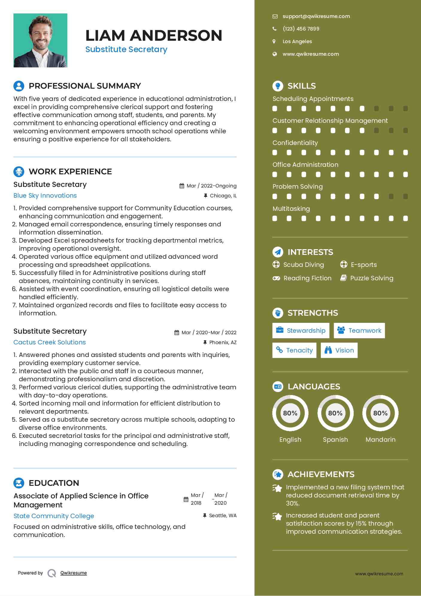 Substitute Secretary Resume Template