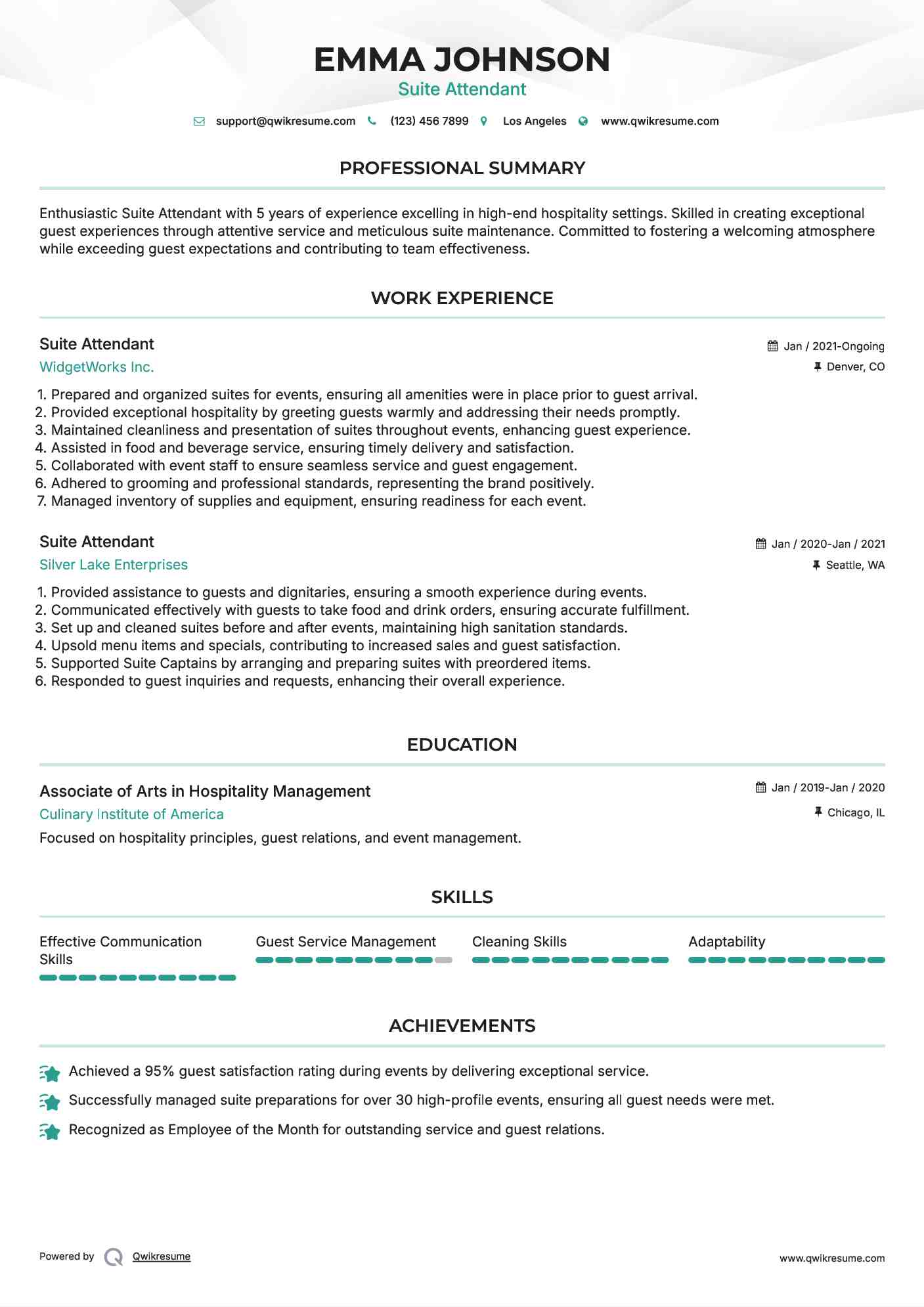 Suite Attendant Resume Samples QwikResume