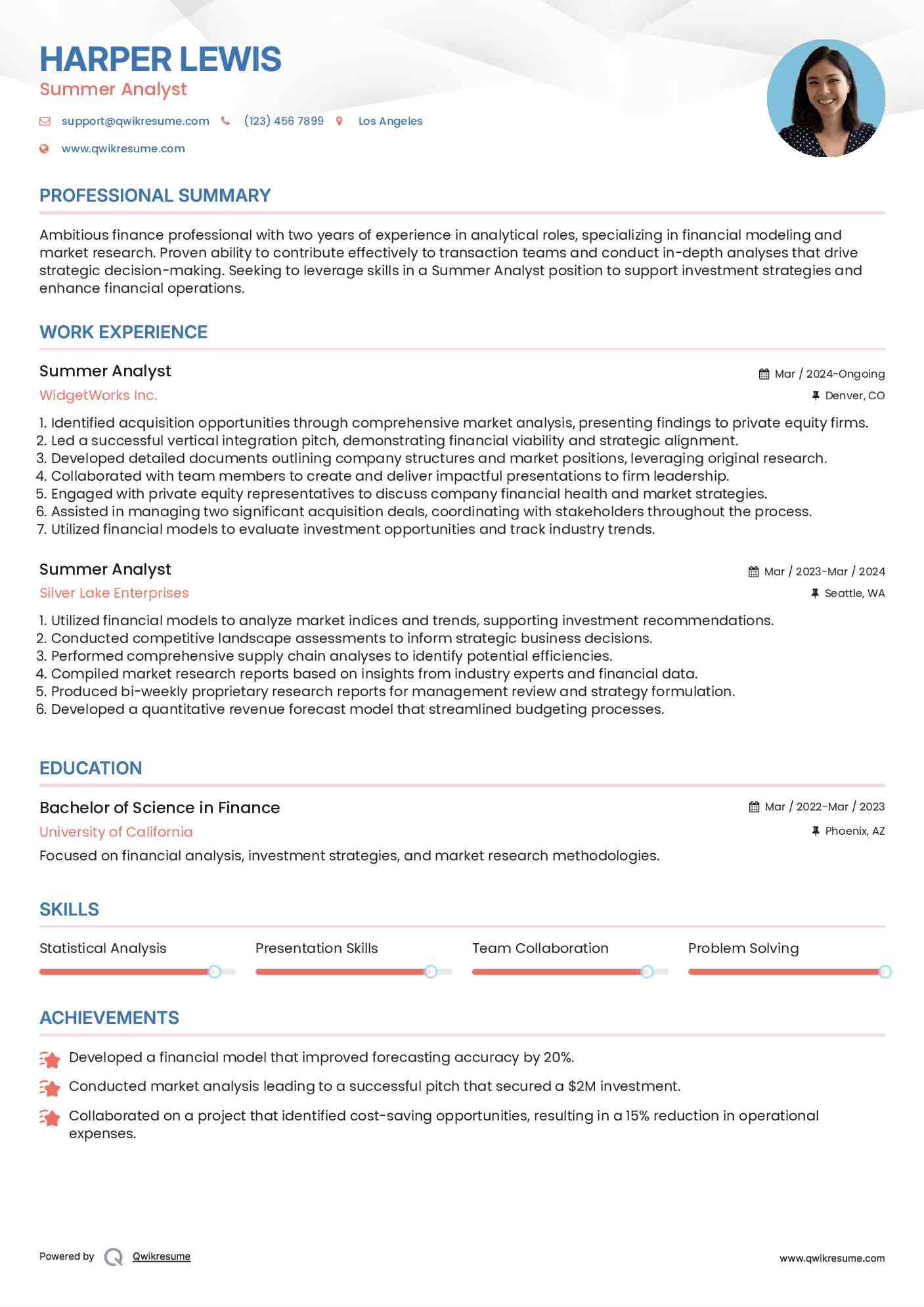 Summer Analyst Resume Template