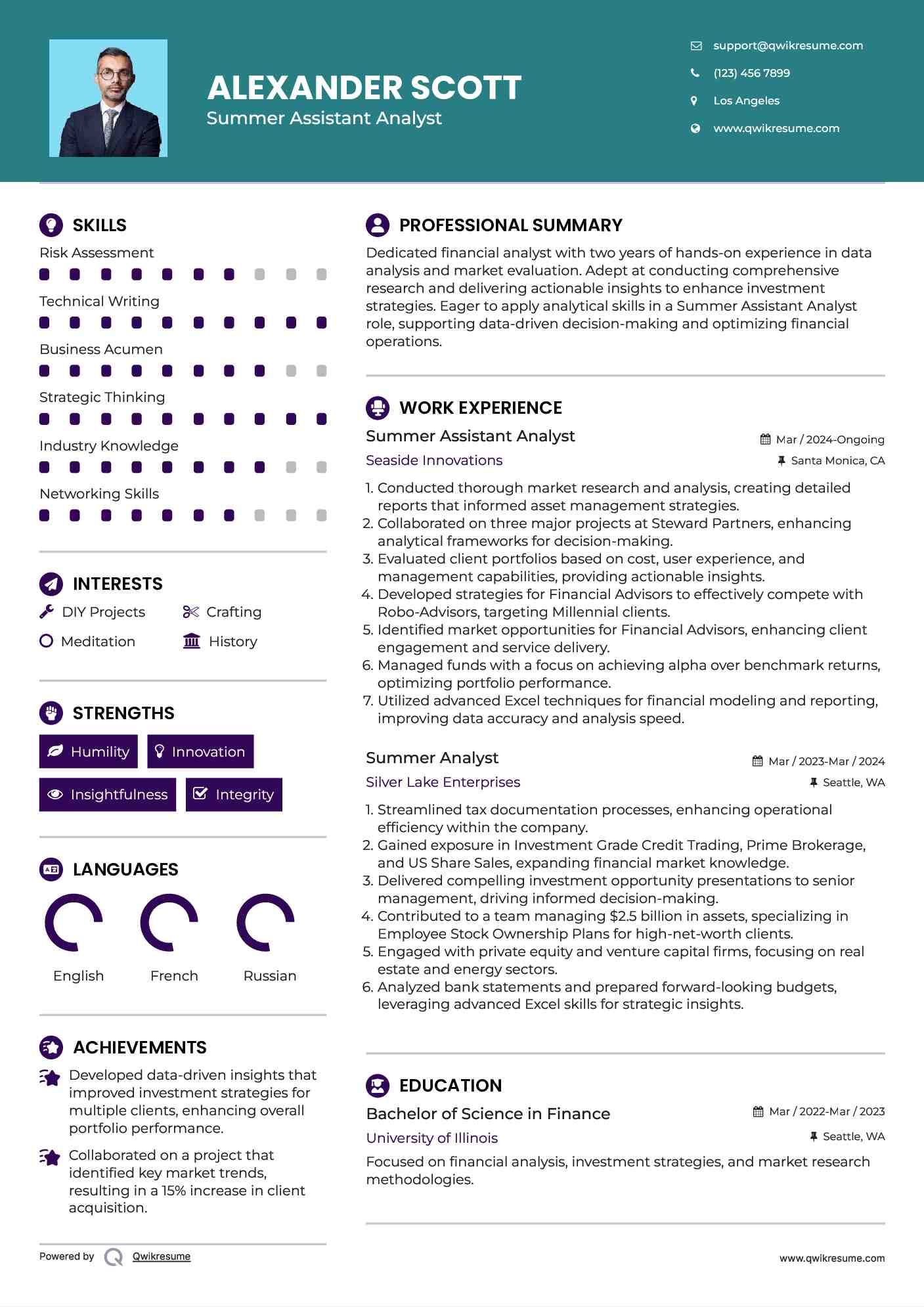Summer Assistant Analyst Resume Model