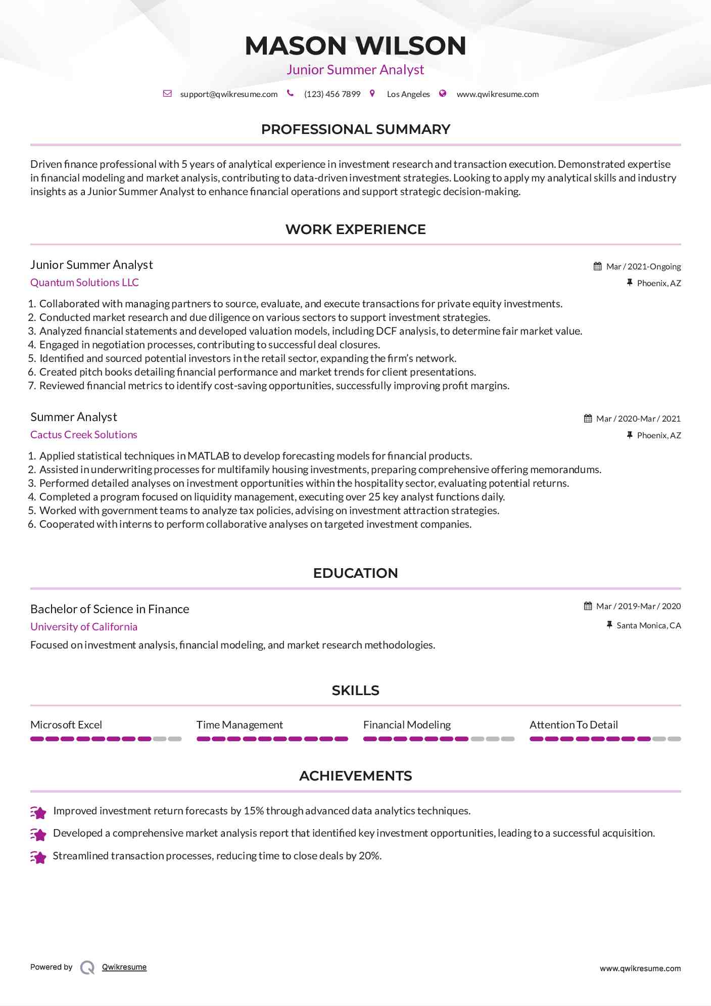 Junior Summer Analyst Resume Model