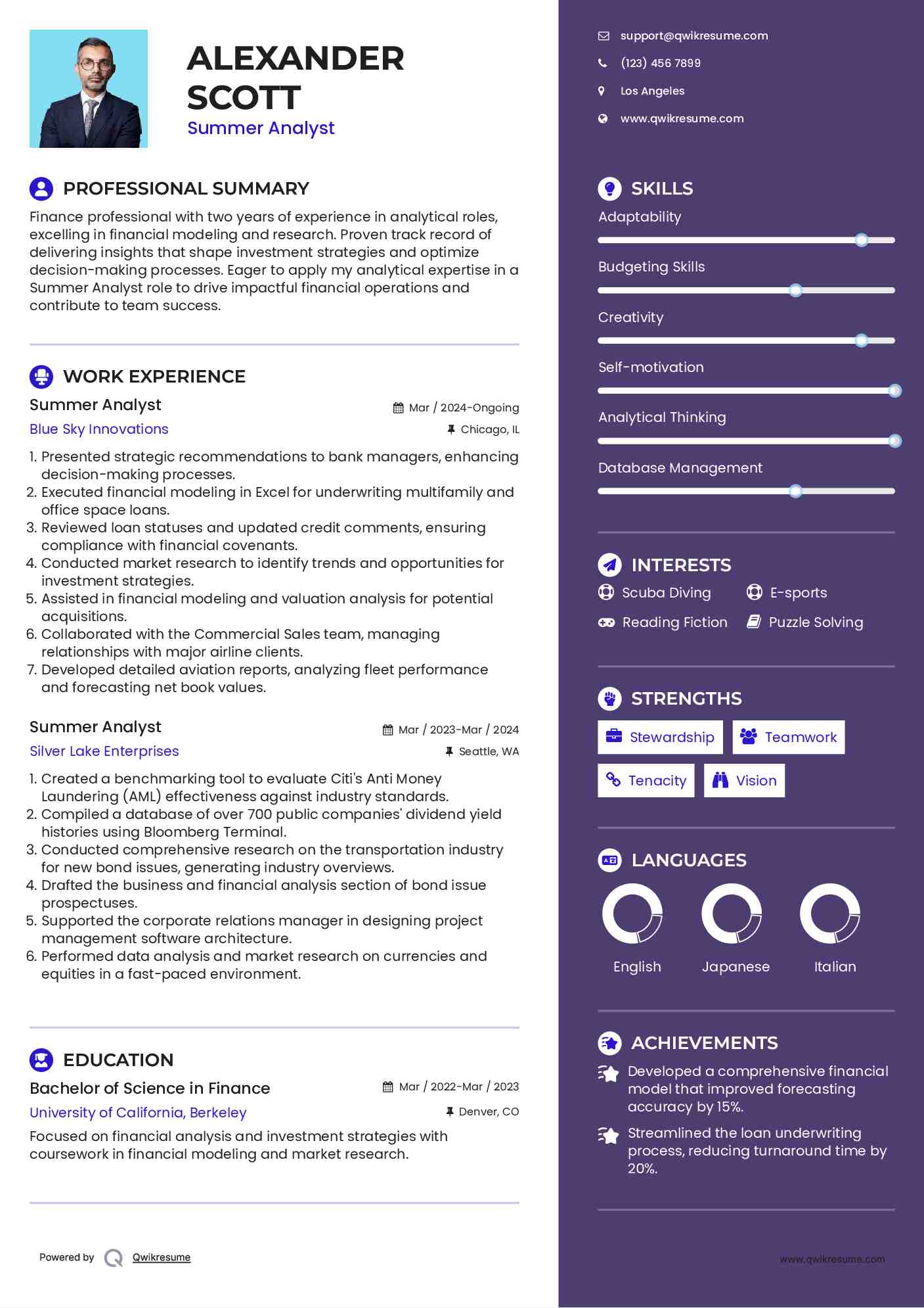 Summer Analyst Resume Format