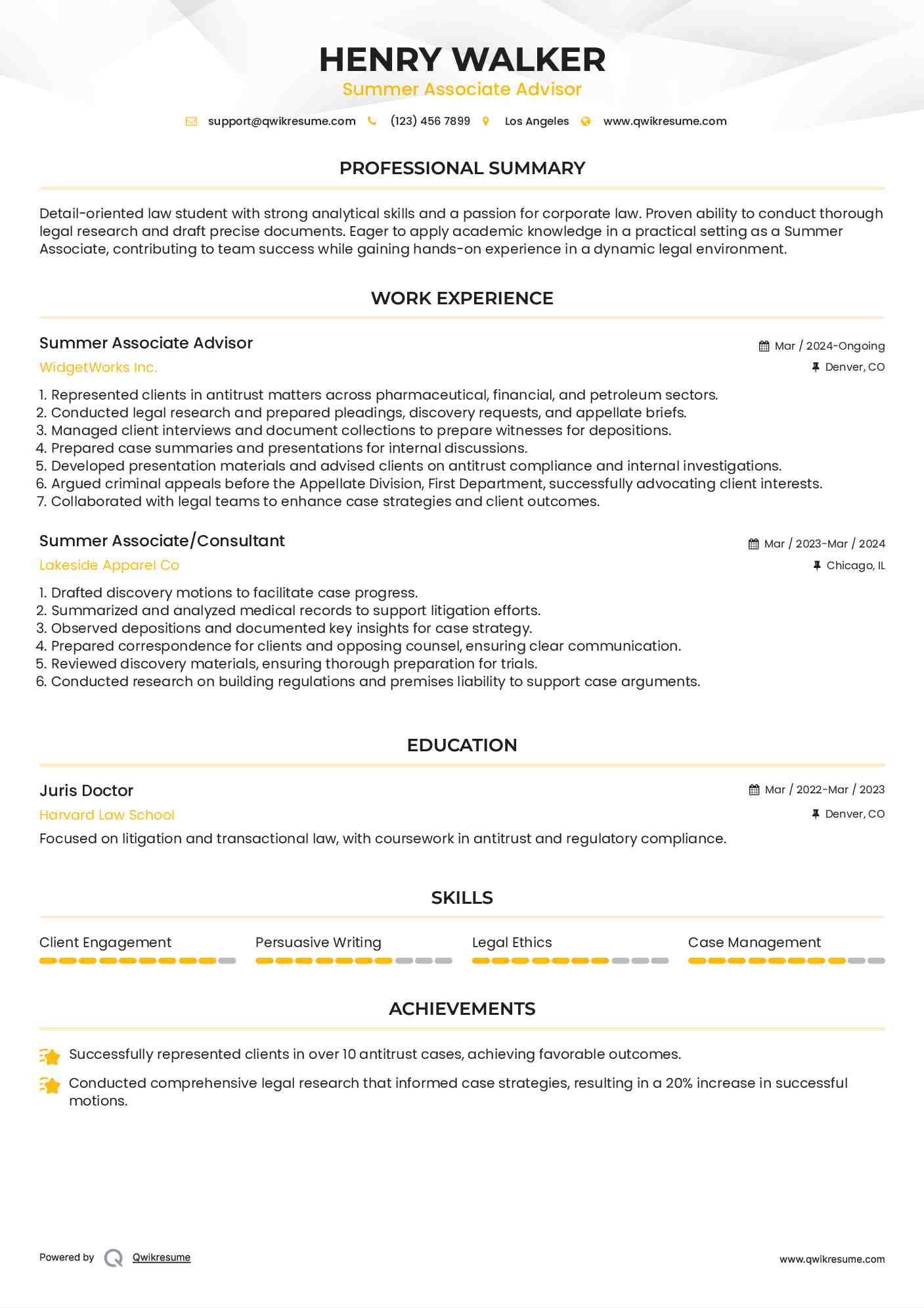 Summer Associate Advisor Resume Sample