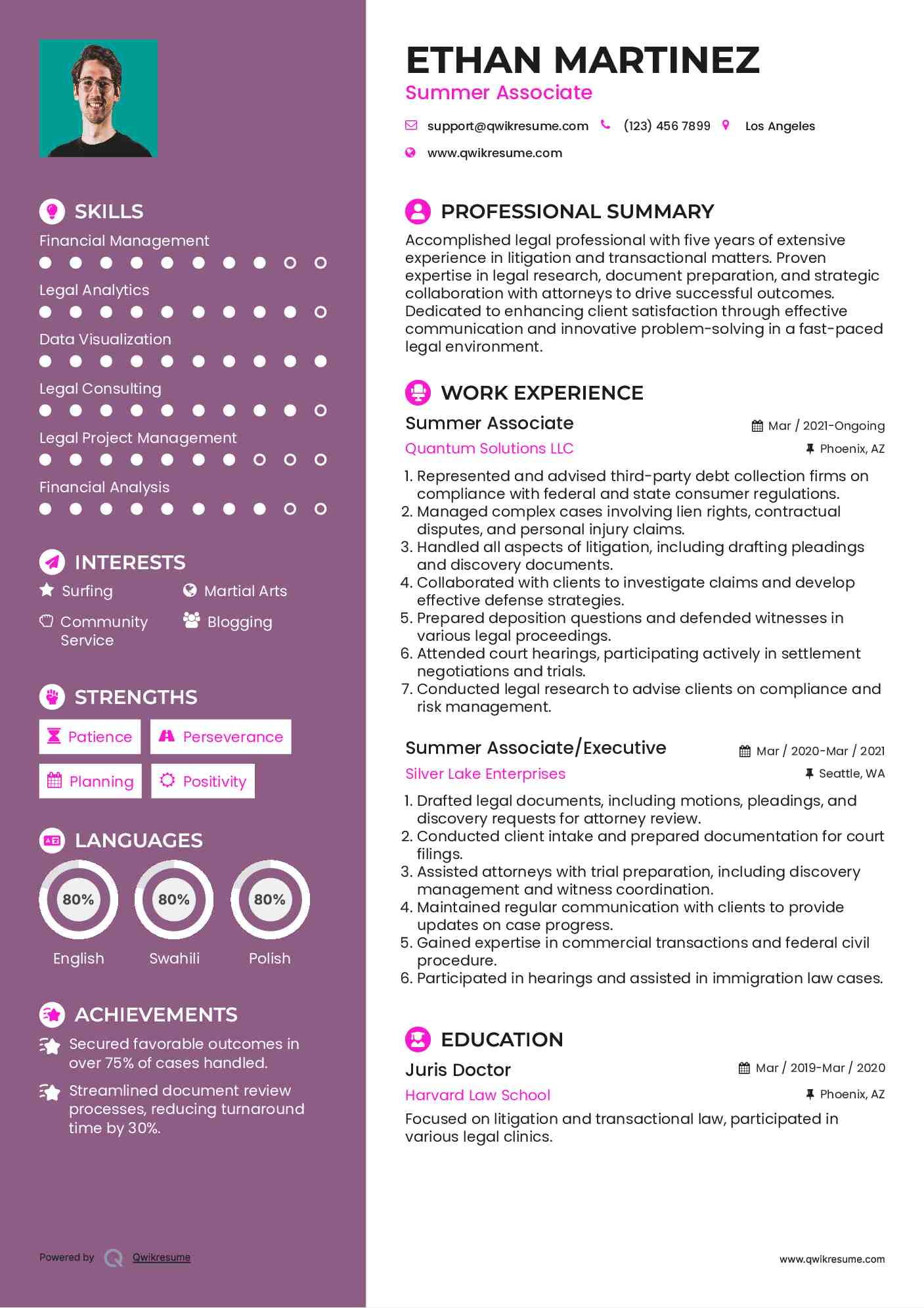 Summer Associate Resume Sample