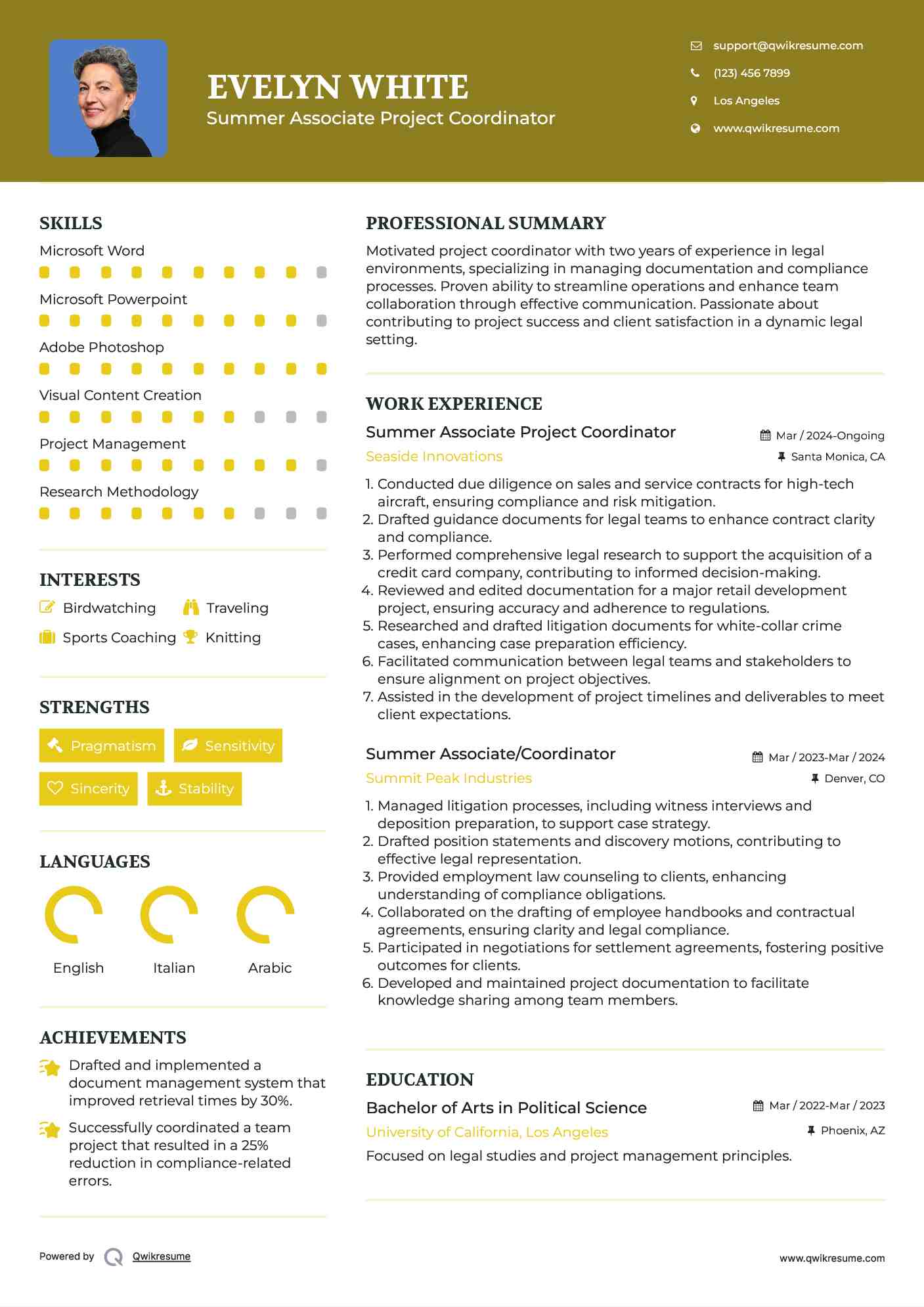 Summer Associate Project Coordinator Resume Format