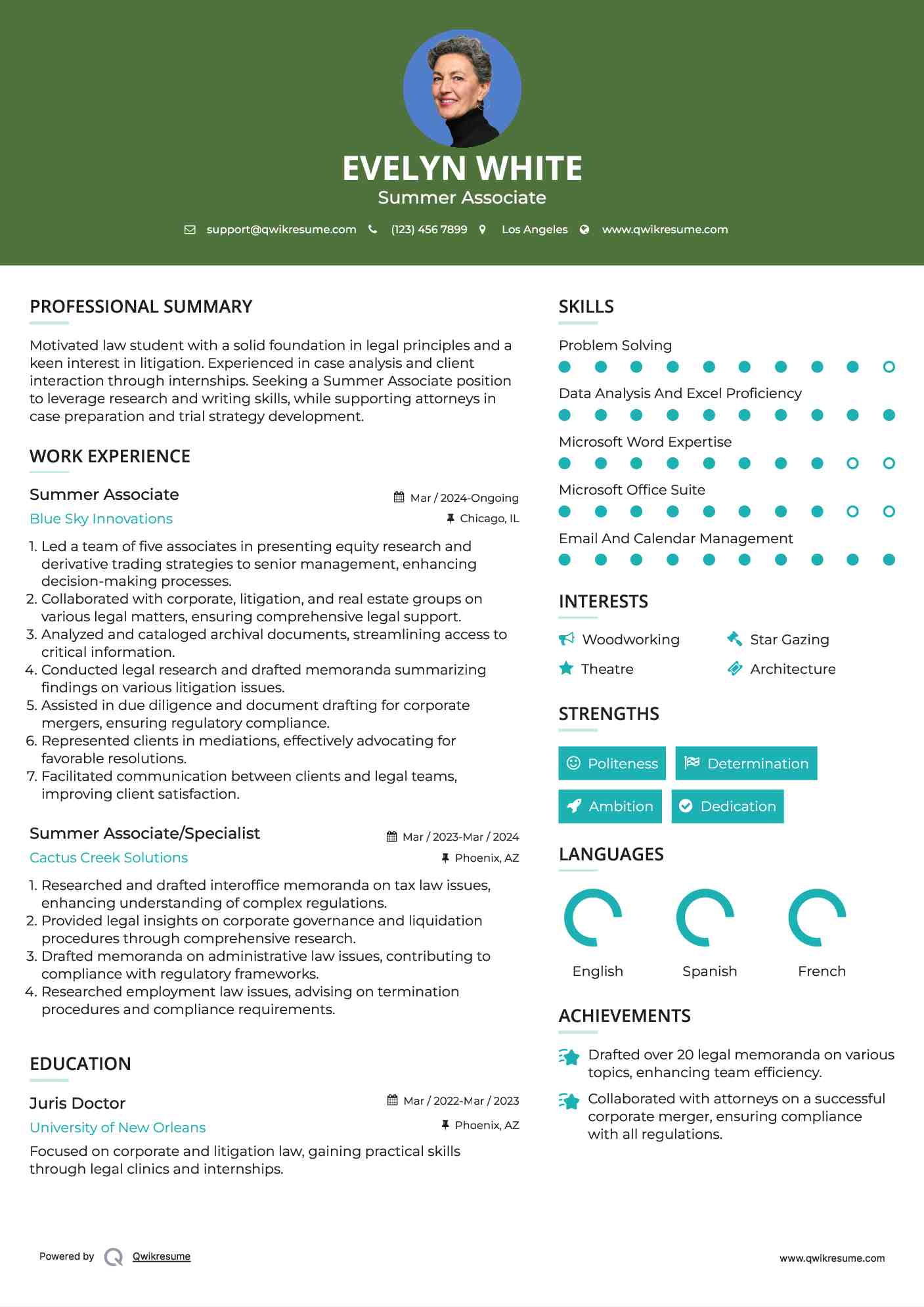 Summer Associate Resume Sample