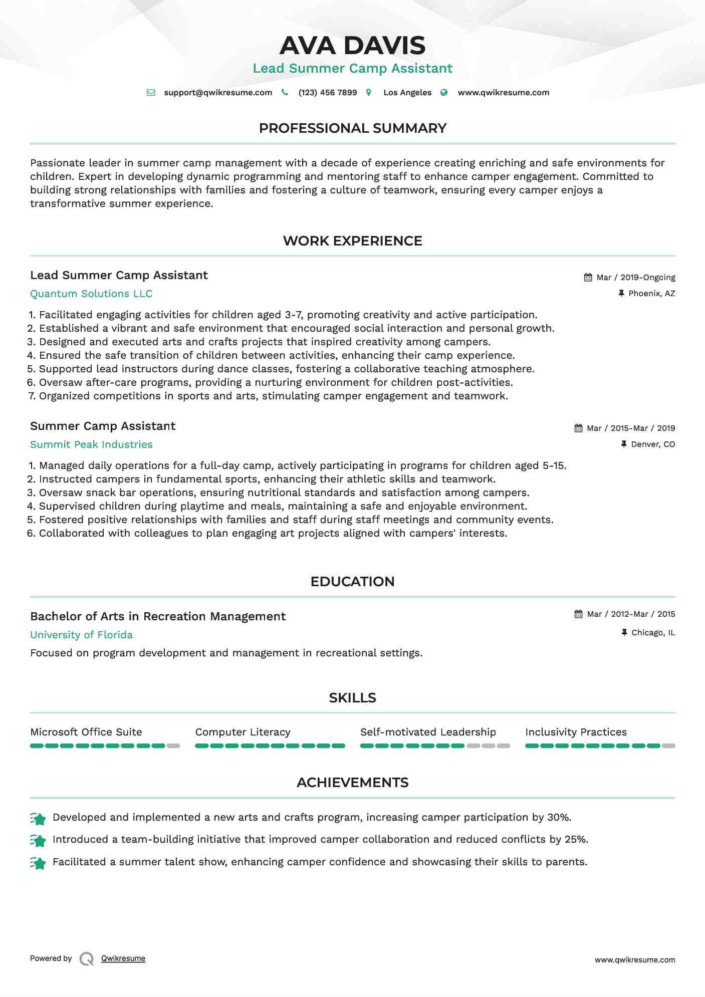 Summer Camp Assistant Resume Samples QwikResume