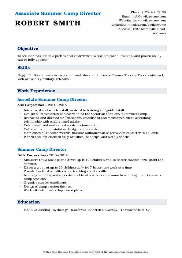 Summer Camp Director Resume Samples QwikResume