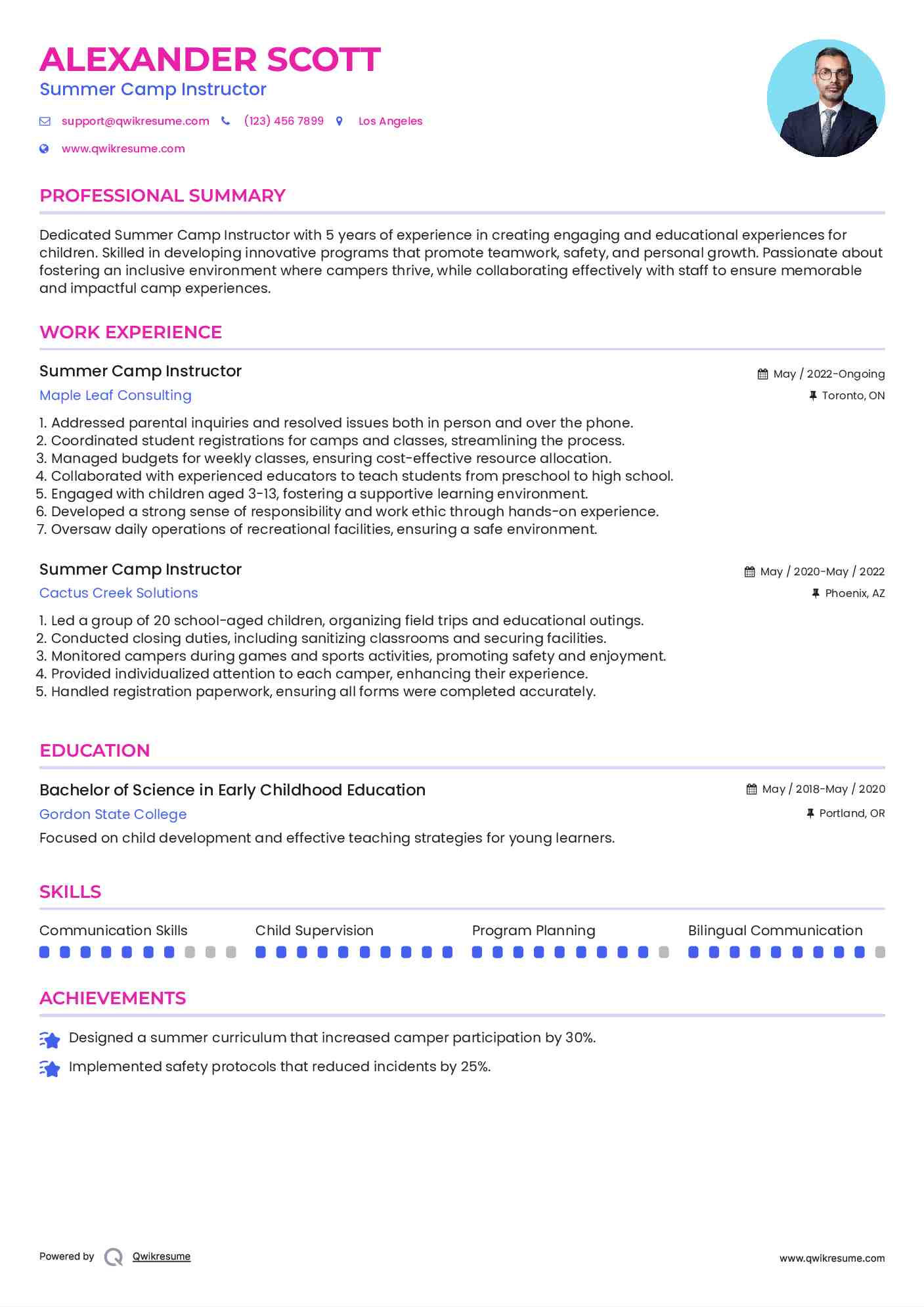 Summer Camp Instructor Resume Example