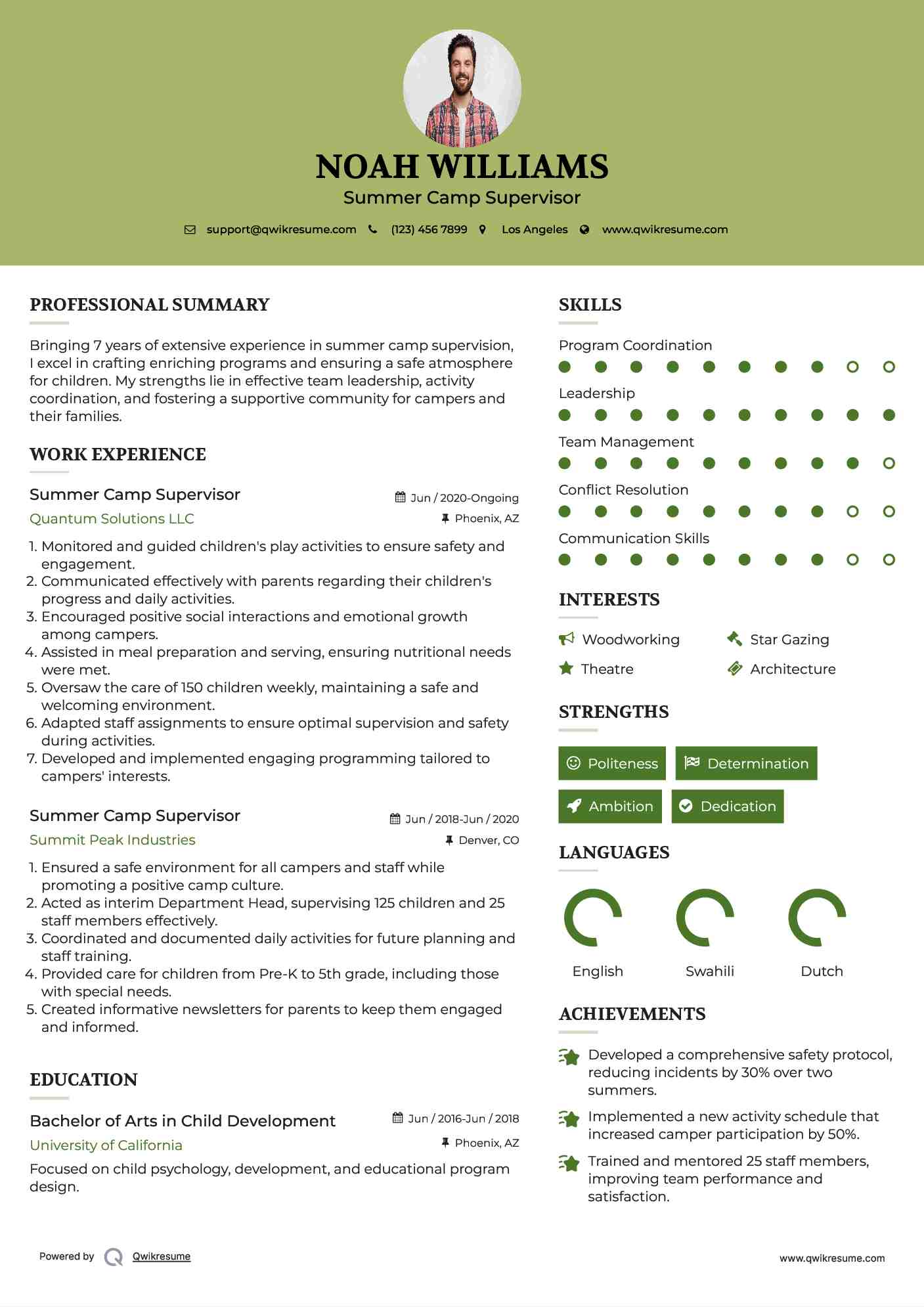 Summer Camp Supervisor Resume Format