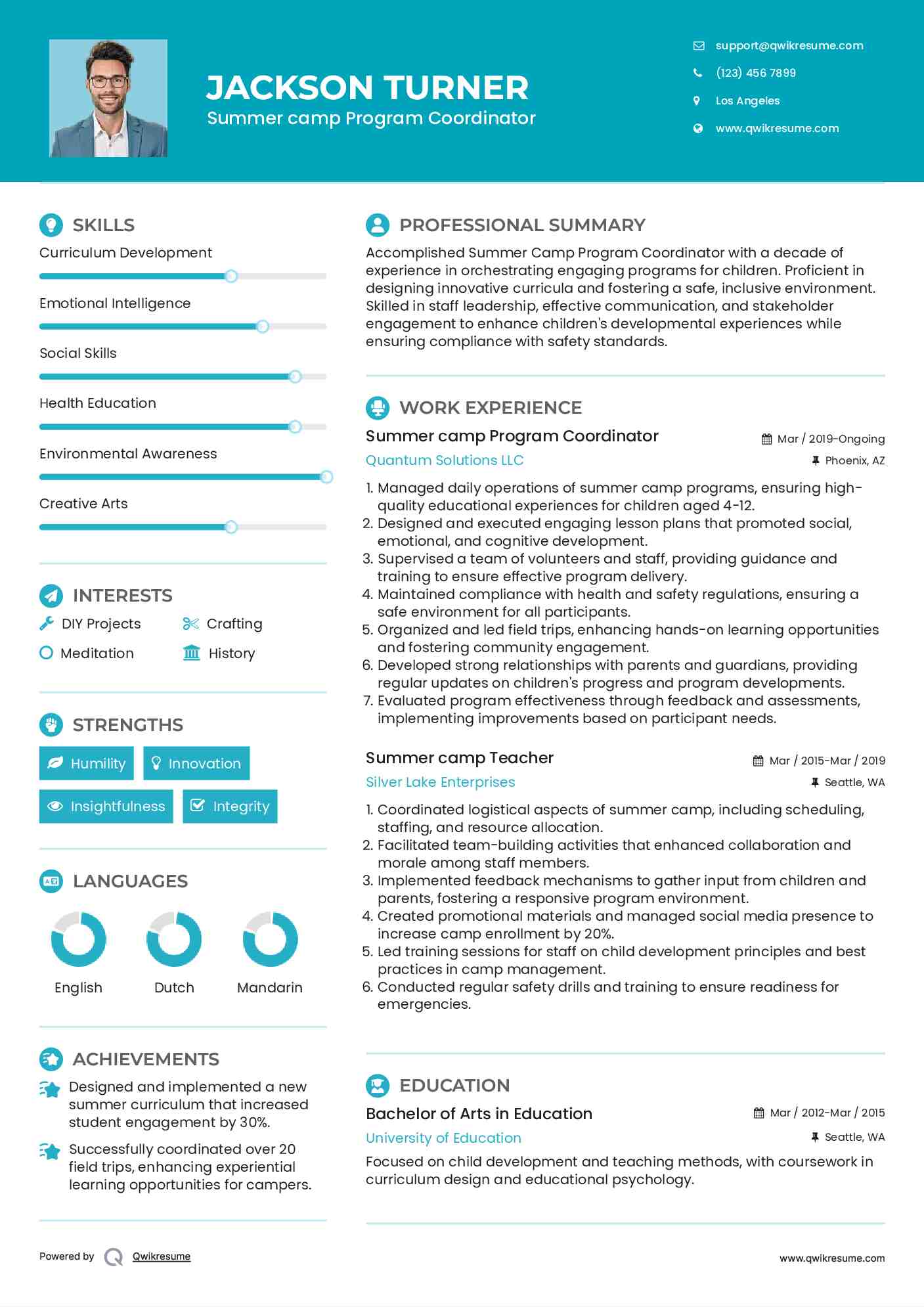 Summer camp Program Coordinator Resume Format