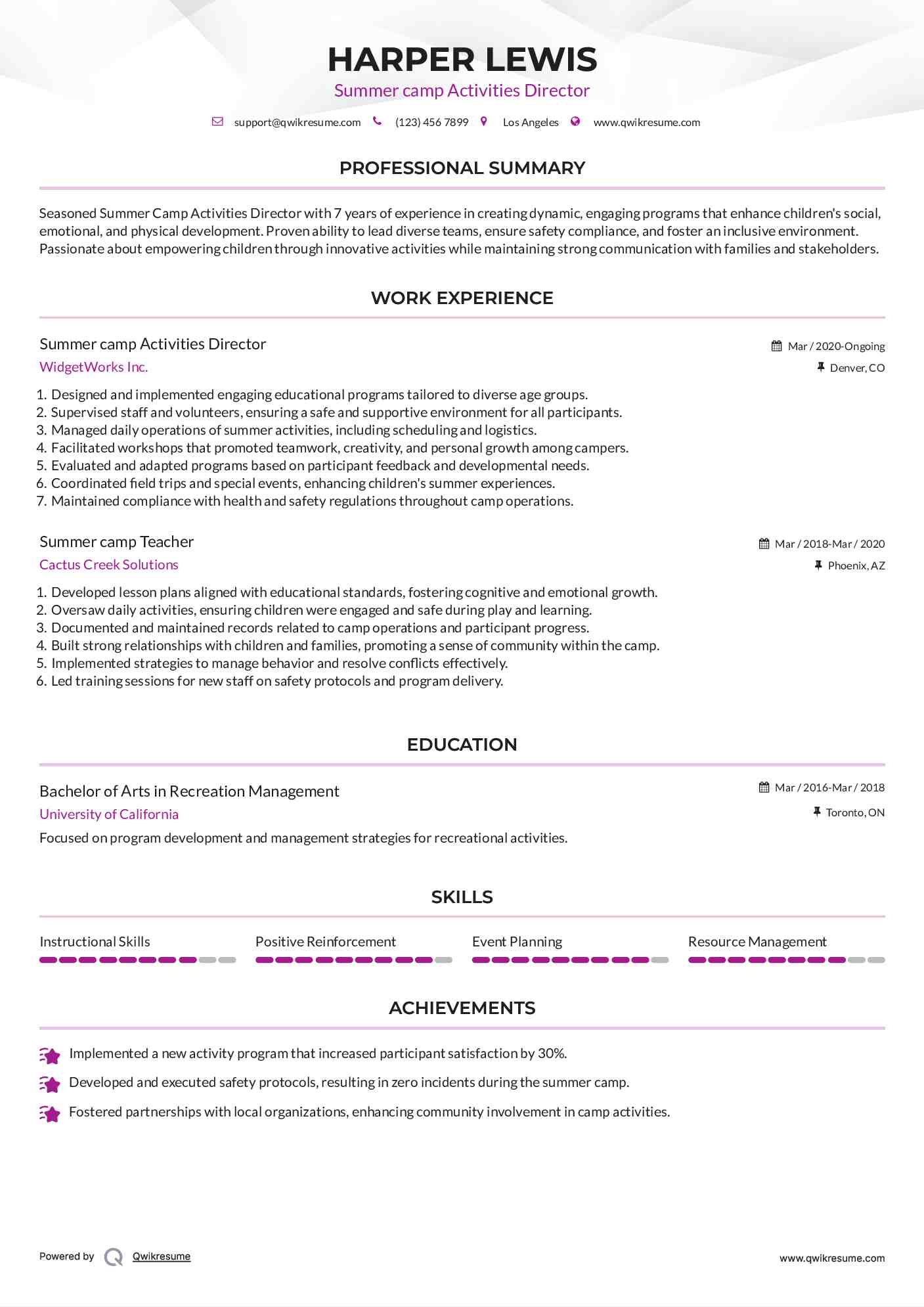 Summer camp Activities Director Resume Example