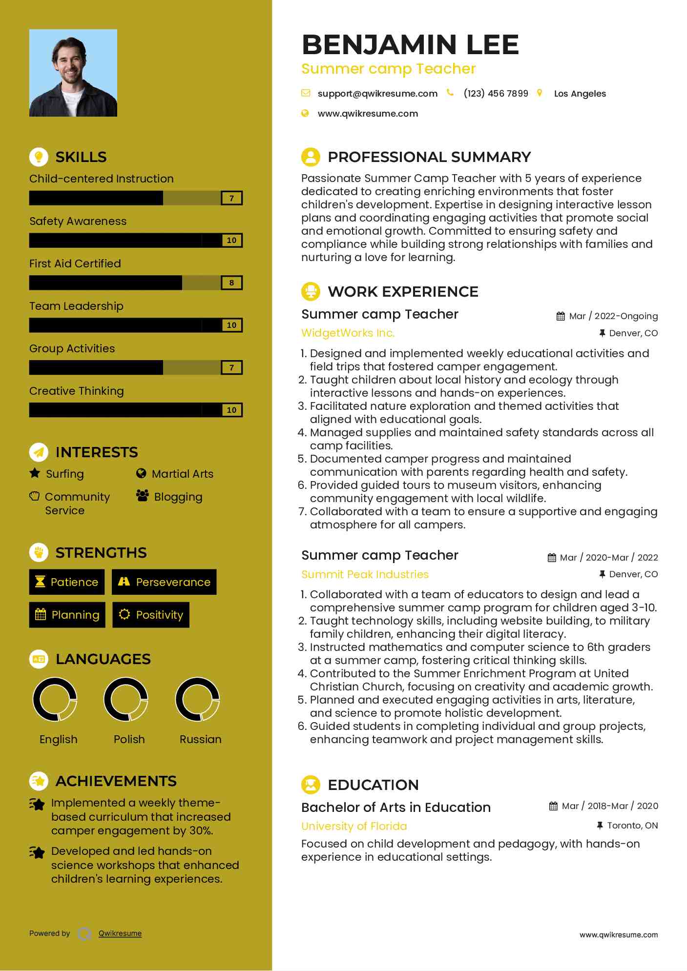 Summer camp Teacher Resume Format