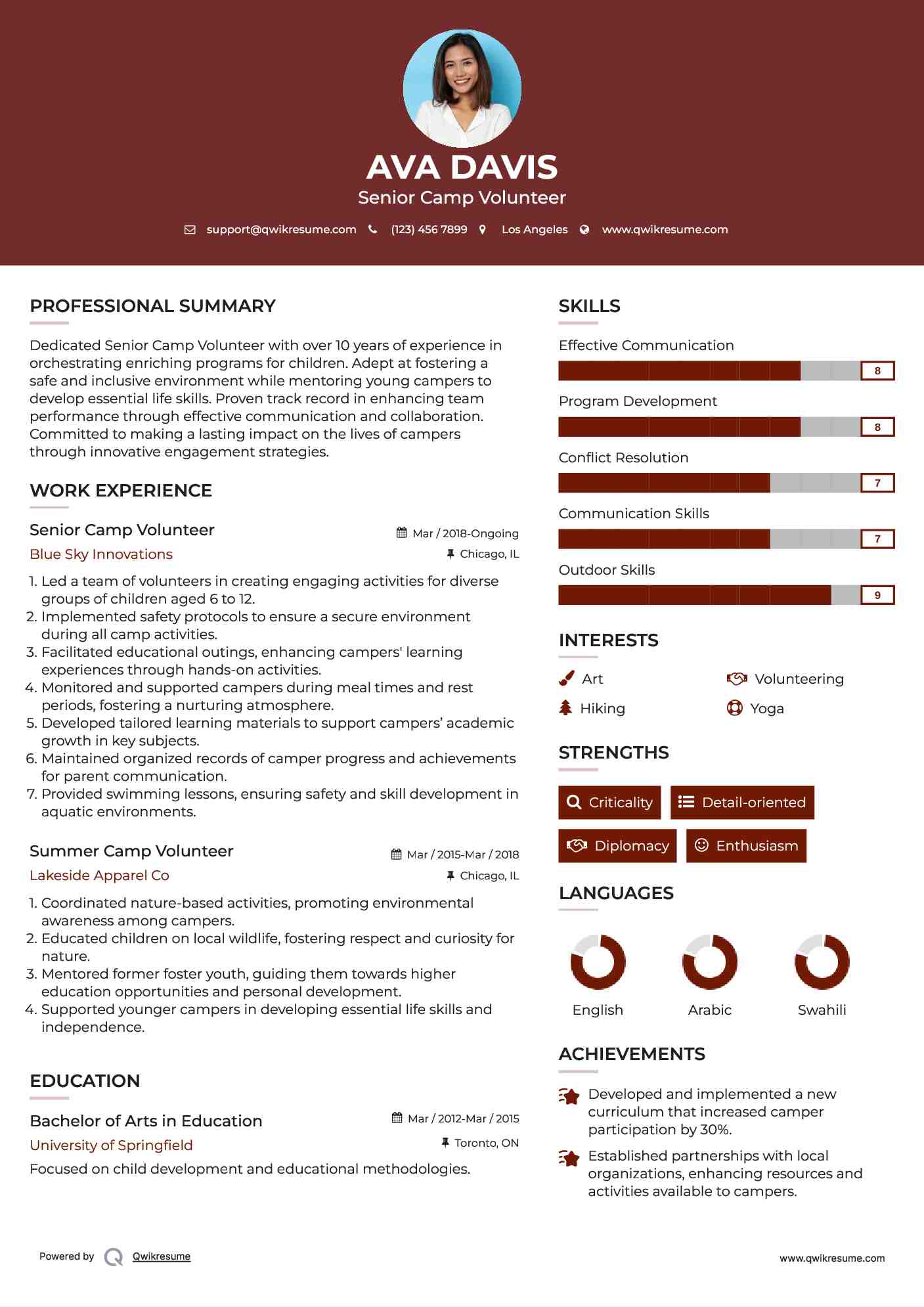 Senior Camp Volunteer Resume Example