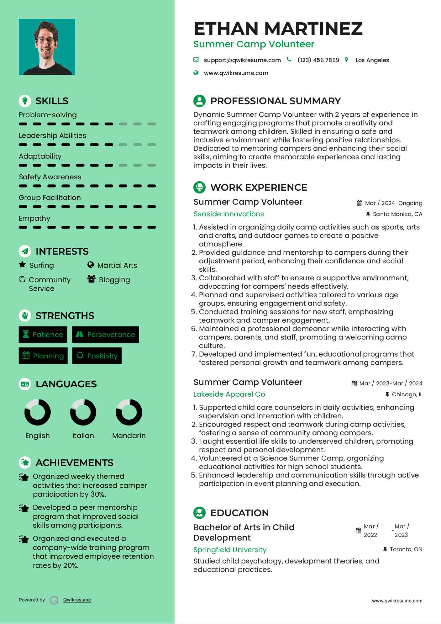 Summer Camp Volunteer Resume Template
